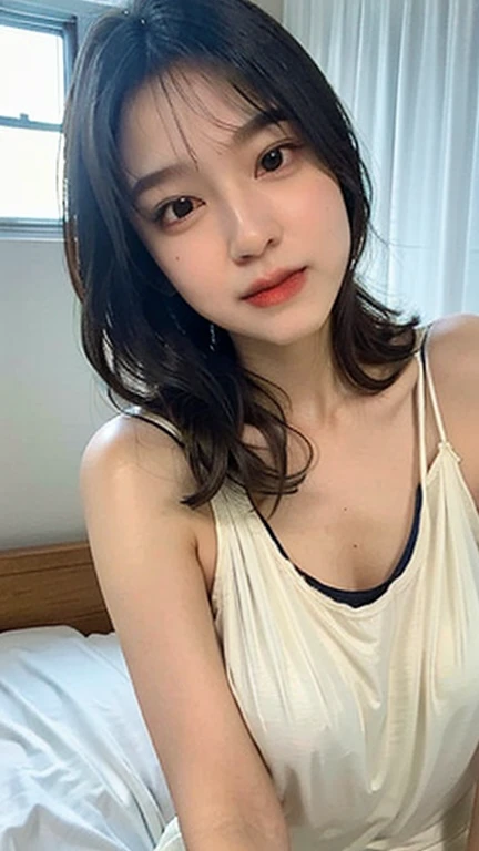 Look at me,　Look at me,　Look at me,　Look at me,　Look at me,　Look at me,　Look into the eyes,　Eye contact,　Front of face,　face,　Cross-legged,　indoor,　Brown Hair,　bangs,　clavicle,　clavicle,　clavicle,　shoulder,　Cross-legged,　chest,　Earrings,　The gaze looking down on me,　Private room,　Tank top,　(Oily skin,Moisturizing the skin:1.6)
