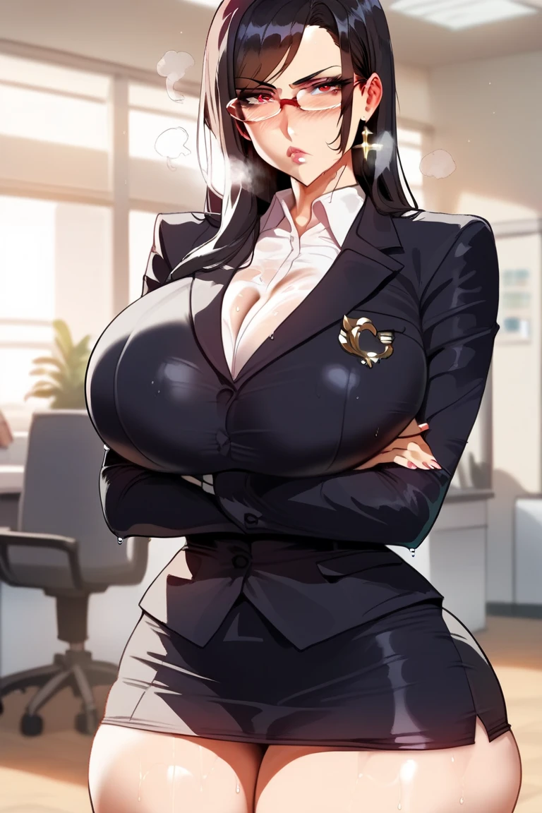 Young dark-haired female CEO, Gentle smile,(huge bust:1.5),The background is a securities company with many staff、Rich woman、Scattered gold coins and dollar bills、