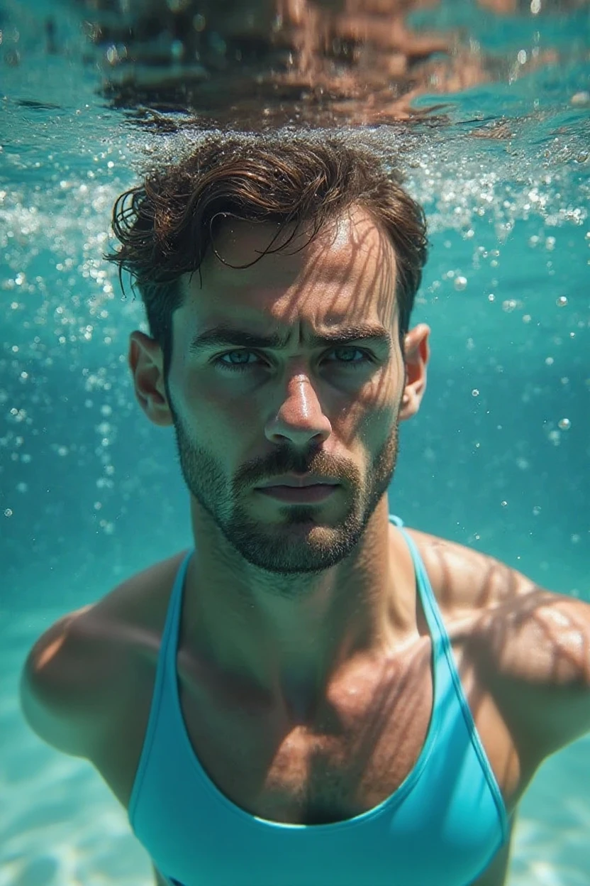 A fit handsome ????? and muscular man, with short blonde hair, swimming powerfully underwater in a stunning pool