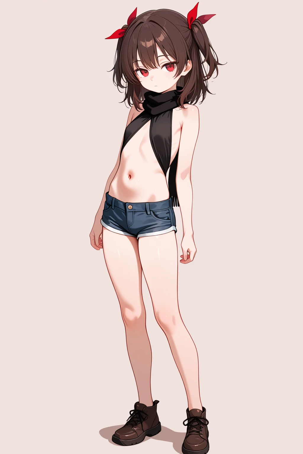 ((best quality)), ((masterpiece)), (detailed), 1girl, off-shoulder sweater, NSFW, small breasts, prominent collarbones, skinny arms, flat stomach, visible hip bones, long hair, ponytail, thick ponytail, heavy ponytail, red and white clothing, full body, whole body, body
