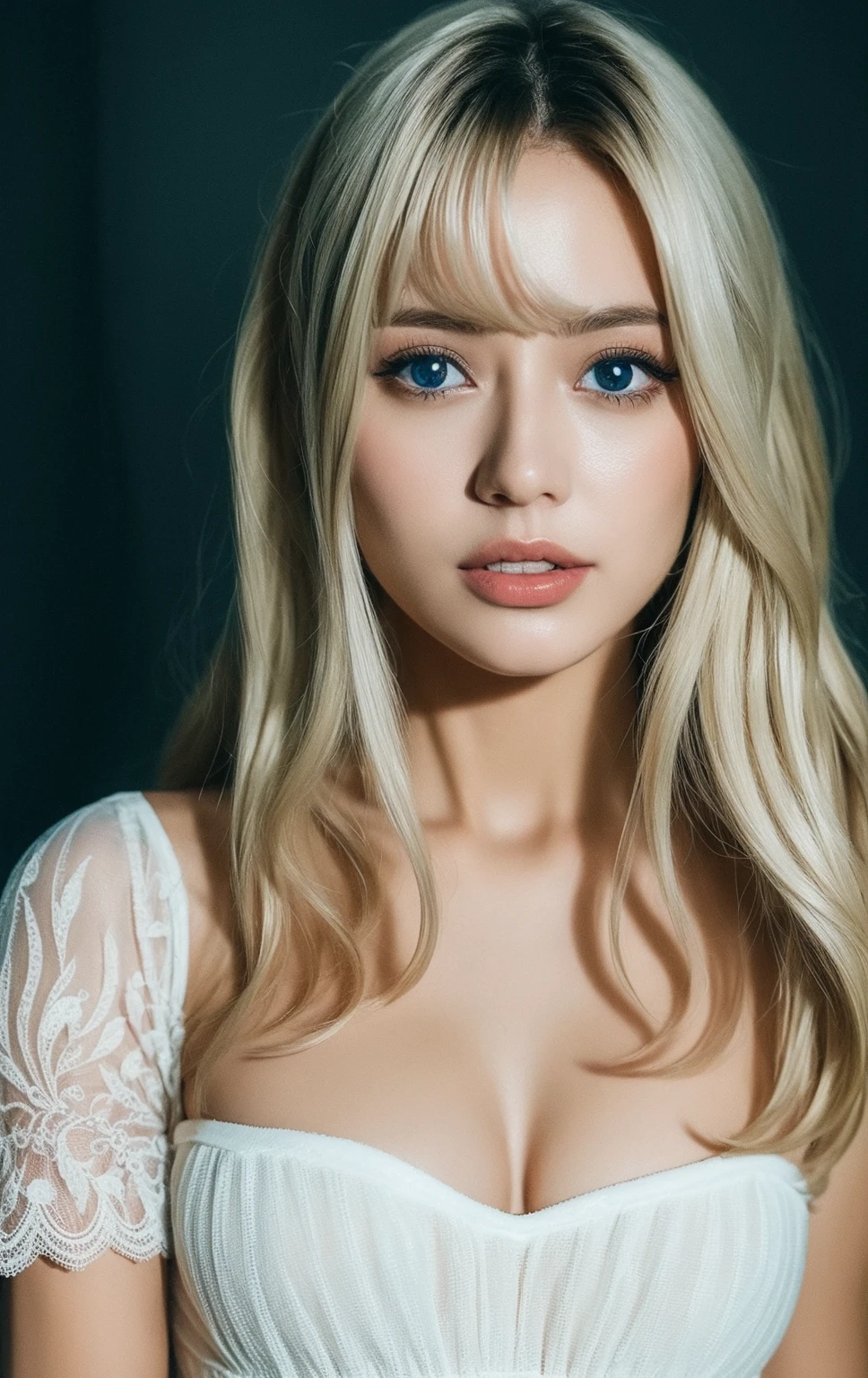 （（（European Caucasian Woman）））、（（（Mary, 18 years old）））、one person、（Thin contours、blue Eye）、（Thin contours）、（Big Breasts:1.5）、Narrow waist、（（（White and translucent skin:1.3）））、Beautiful, shiny blonde medium-long hair、8-head-tall model style、Waist-down angle、Tokyo city、Full body focus