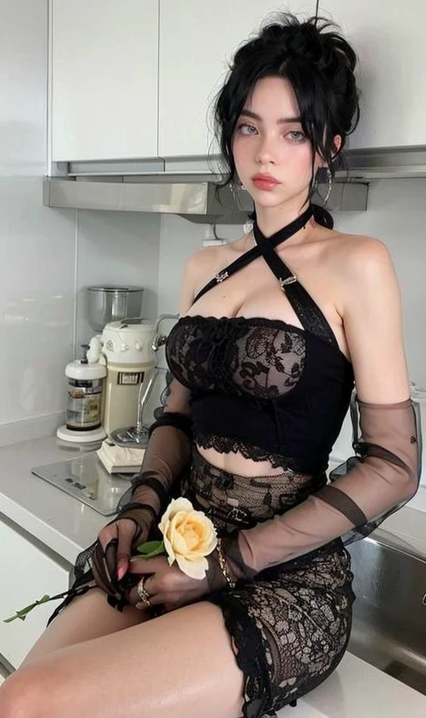 there is a woman sitting on a counter with a rose in her hand, with pale skin, pale goth beauty, young beautiful amouranth, sexy look, lacey, very sexy outfit, sensual gloomy style, very beautiful goth top model, wearing sexy lingerie, kylie jenner, 1 7 - year - old goth girl, sexy outfit, sexy dress, pale fair skin!!