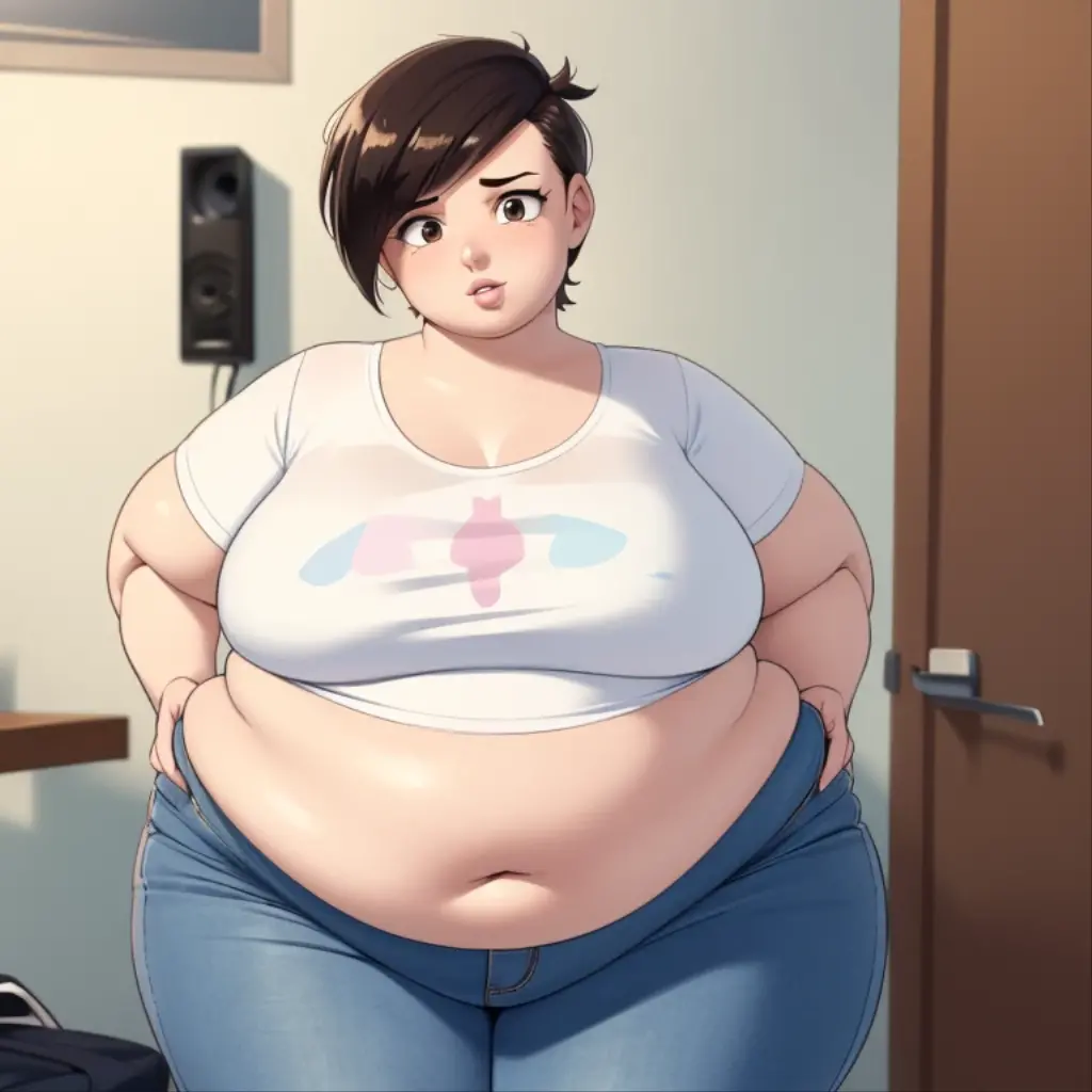 ((ultra quality)), ((masterpiece)), fat Lois Lane, 1 fat girl solo ((black short hair tomboy hairstyle)), (Beautiful face), (beautiful female lips), (), charming, ((Happy facial expression)), looks at the camera, eyes slightly open, ( dark skin color), (dark skin), glare on the body, ((detailed beautiful female eyes)), ((dark brown eyes)), (juicy female lips), (dark eyeliner), (beautiful female hands), (( fat female figure)), female body plus, beautiful waist, gorgeous thighs, beautiful medium breasts, ((subtle and beautiful)), sexy worth (), (White shirt, Black jeans) background: office, ((depth of field)), ((high quality clear image)), (clear details), ((high detail)), realistically, professional photo session, ((Clear Focus)), anime