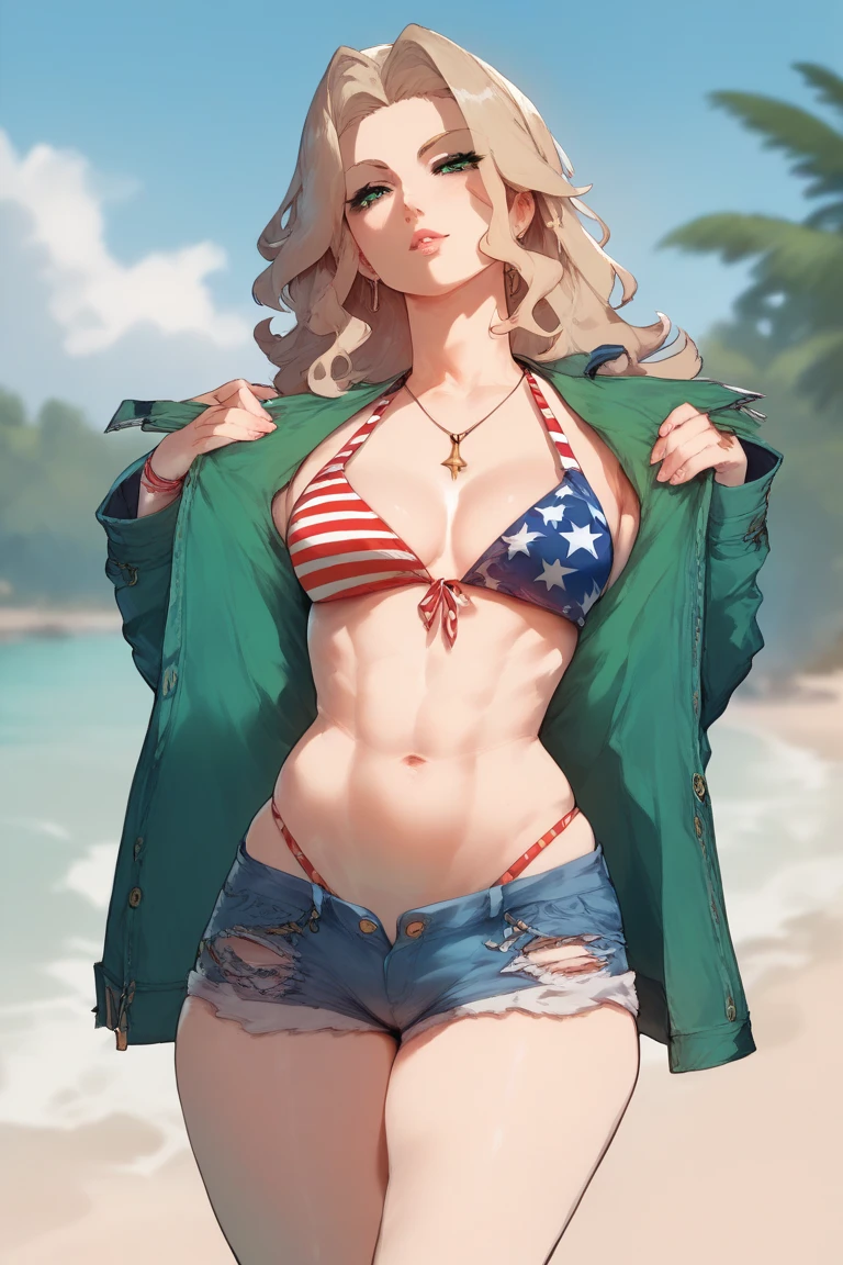 score_9, score_8_up, score_7_up, hellsing,, Seras_victoria, 1girl, solo, outdoors, beach, flag bikini, american flag bikini, American flag, tomboy, shy, blush, gyaru, standing, choker, looking to the side,muscular,muscle