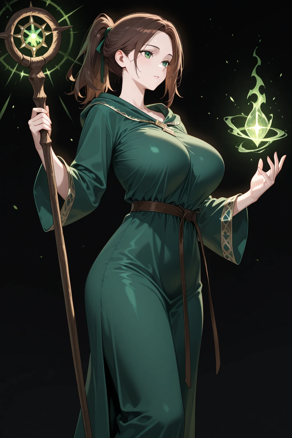 a  portrait of a durable [babe|temptress] , druid, green robe,(magic staff:1.1), <lora:adventurers_v1:0.75>,  perfect face, pretty face, brown eyes, auburn hair, very short hair, flat chest, lush detail, absurdres,