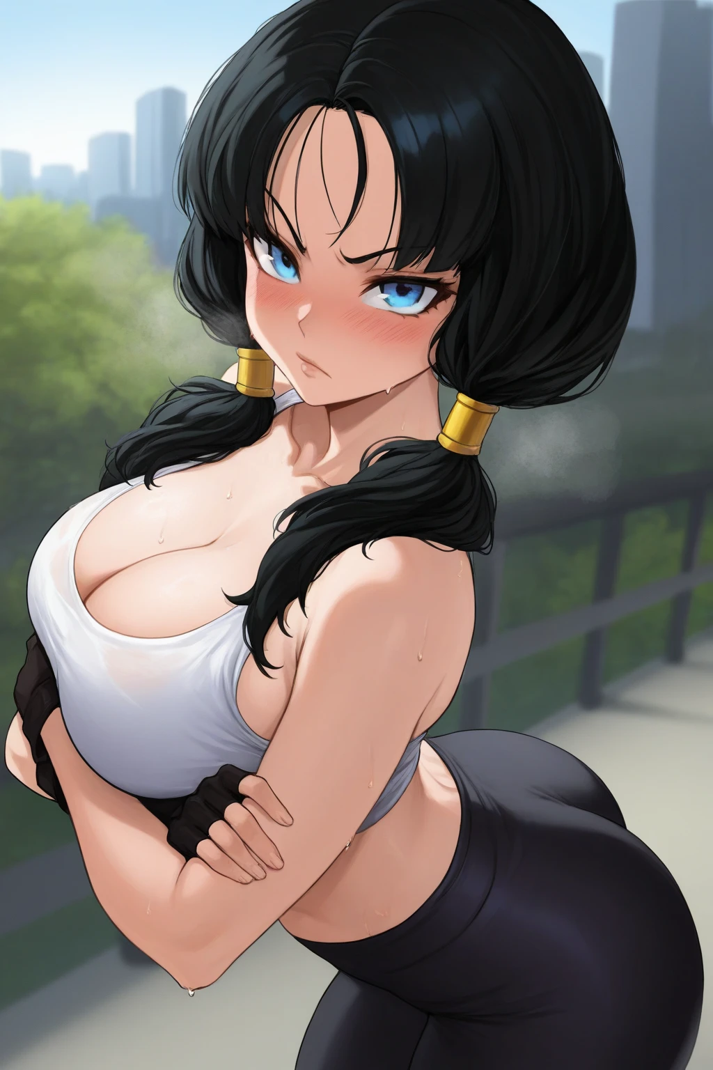 1 Female,High definition,high resolution,Ultra-realistic,8K, videl2, solo, blue eyes, black hair, twintails,European,sexy,Upper body close-up,Photographed from the front,Dynamic Angles,private teacher,A little sheer underwear,Red underwear,blush, huge , nipples ,show , Sports bra, micro sports bra, erect nipples , Open breast sports bra , Point of view from above, White sports car , Half-naked breasts, Videl's very small breasts bra that does not cover her huge breasts 