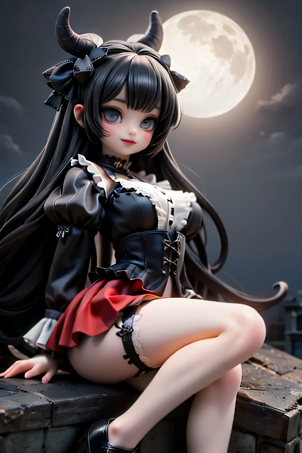 A cute horned demon girl smiling sitting on the edge of an old gothic castle rooftop at night, looking directly at the viewer. She wears a short, elegant ((red)) skirt, crop shirt, short puffy sleeves, ((white)) thigh-high stockings, and ankle-strap low heels. Her long, flowing black hair is adorned with eye-catching ornate accessories and hairbows. The scene is illuminated by the soft glow of a moon partially veiled by wispy clouds, casting dramatic shadows. Dynamic pose, cinematic angle, detailed background, dark romantic atmosphere, fantasy realism with high detail and subtle gothic tones.