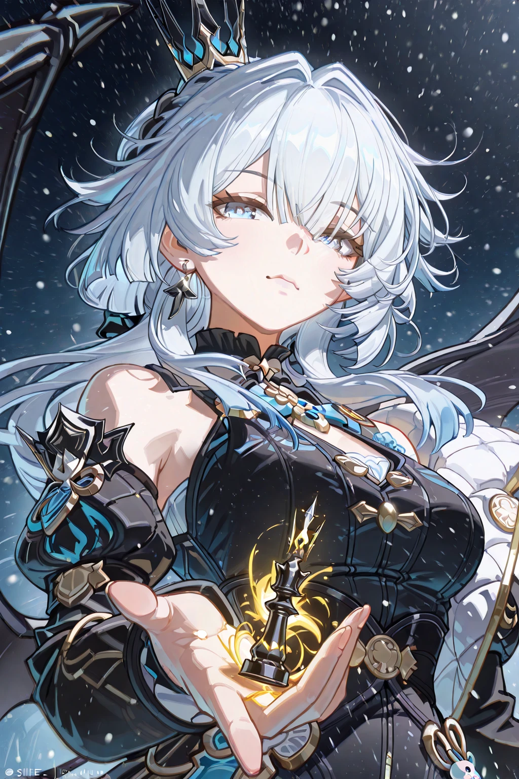 lady, woman, (Highest picture quality),(Master's work), (ultra-detailed),(Detailed eye description:1.2),(floating colorful wind:1.4),(upper body:1.5),(manny colorful clouds and thorns and spikes:1.0),(clouds sea:1.4),(lens flare:1.3),(grim expression:1.5),(movie poster:1.0),(Tarot border:1.2),a girl dress,(armor:1.3), (lips:1.2), (eyelashes:1.2), ((formal,military)),(skirt:1.4),(multicolored floating ribbon:1.3),(crystal magic:1.3),(medium breasts),(thigh bands),(grey hair:1.3),(short hair:1.6),the portrait is centered,(from below:1.1),(close-up:1.2),(chaotic geometric images:1.3),(nagative space:0.8), negative space ,(drawing board:1.3),(halo:1.3),(ether colorful ink flowing:1.3),(grey eyes), ((reflection, (neon lights:1.3))), ((colorful, multicolored)), , ahoge, sky, shiny, ((solo)), , (mature female:1.5), (grey dress:1.4),