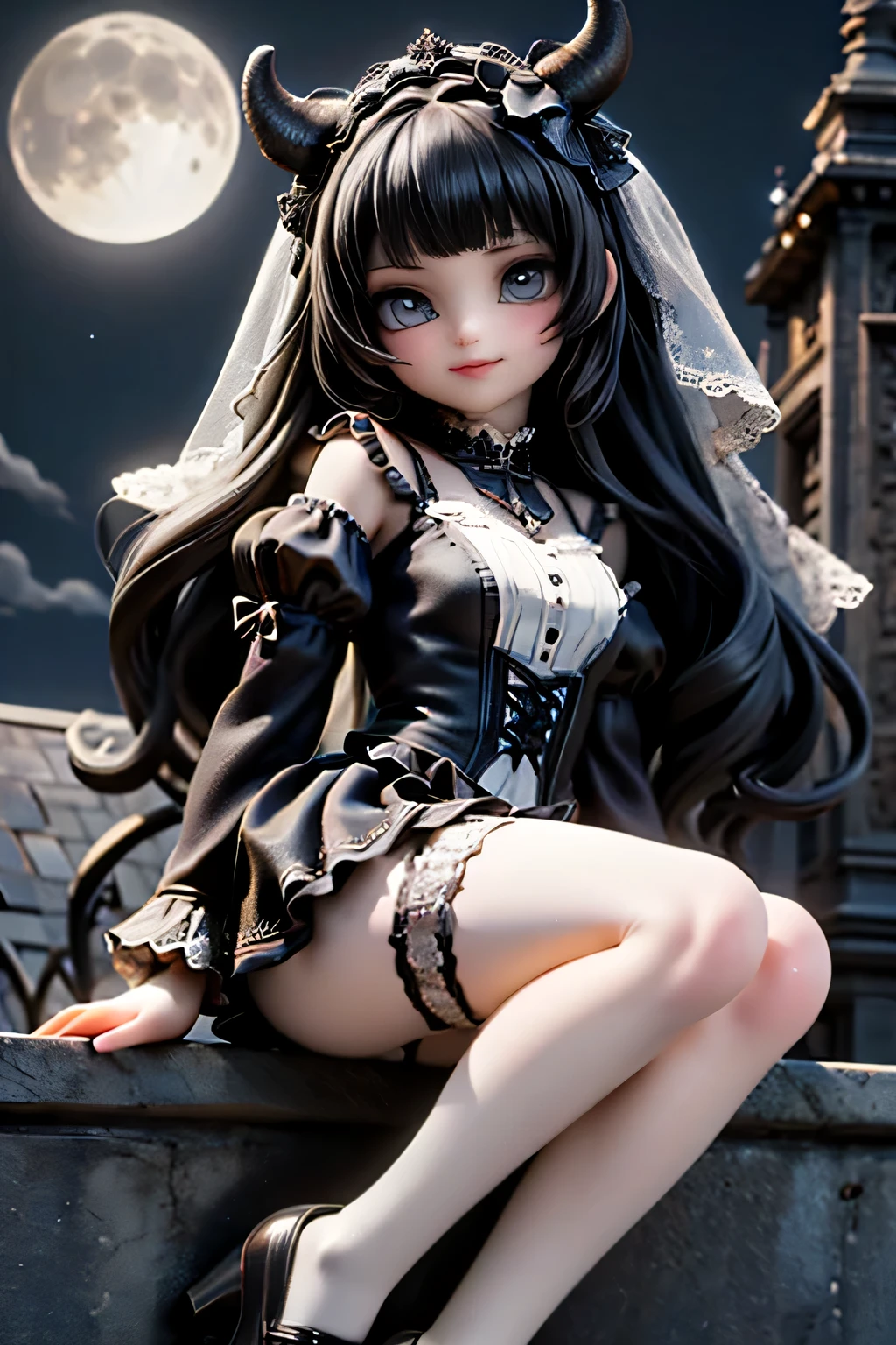 A cute horned demon girl smiling sitting on the edge of an old gothic castle rooftop at night, looking directly at the viewer. She wears a short, elegant ((red)) skirt, crop shirt, short puffy sleeves, ((white)) thigh-high stockings, and ankle-strap low heels. Her long, flowing black hair is adorned with eye-catching ornate accessories and hairbows. The scene is illuminated by the soft glow of a moon partially veiled by wispy clouds, casting dramatic shadows. Dynamic pose, cinematic angle, detailed background, dark romantic atmosphere, fantasy realism with high detail and subtle gothic tones.