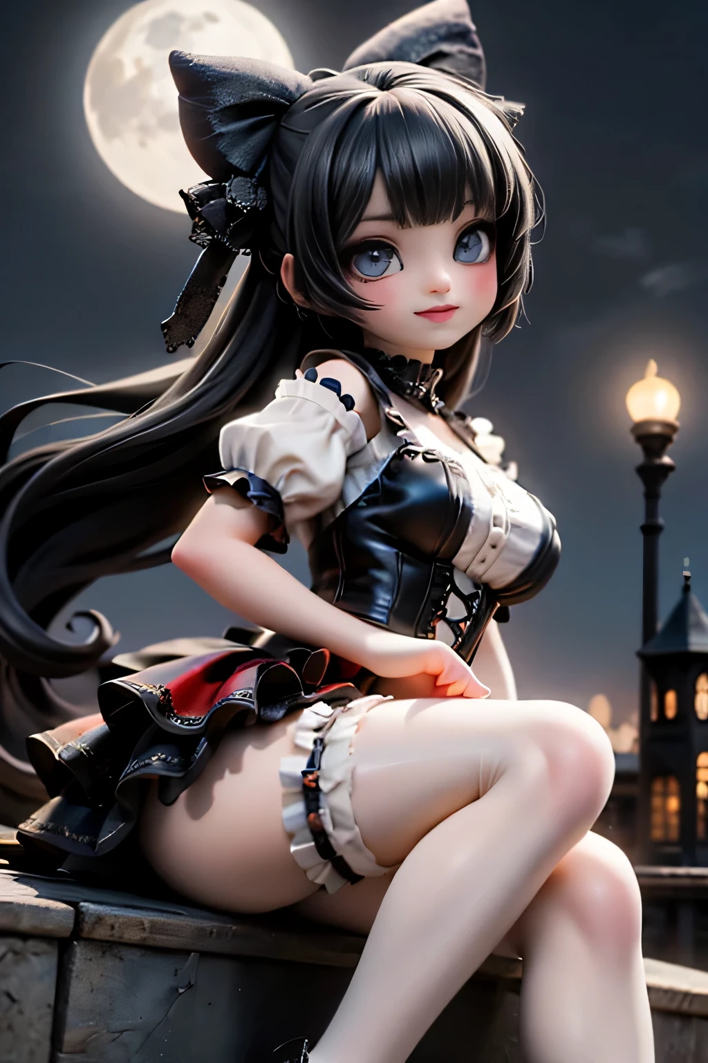 A cute horned demon girl smiling sitting on the edge of an old gothic castle rooftop at night, looking directly at the viewer. She wears a short, elegant ((red)) skirt, crop shirt, short puffy sleeves, ((white)) thigh-high stockings, and ankle-strap low heels. Her long, flowing black hair is adorned with eye-catching ornate accessories and hairbows. The scene is illuminated by the soft glow of a moon partially veiled by wispy clouds, casting dramatic shadows. Dynamic pose, cinematic angle, detailed background, dark romantic atmosphere, fantasy realism with high detail and subtle gothic tones.
