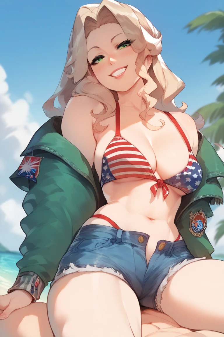 score_9, score_8_up, score_7_up, ginger hair, pigtails, braided pigtails, freckles, pale green eyes, red eyeshadow, 1girl, solo, outdoors, beach, flag bikini, american flag bikini, American flag, tomboy, shy, blush, kneeling, choker, spread legs, presenting pussy, spreading legs, cameltoe