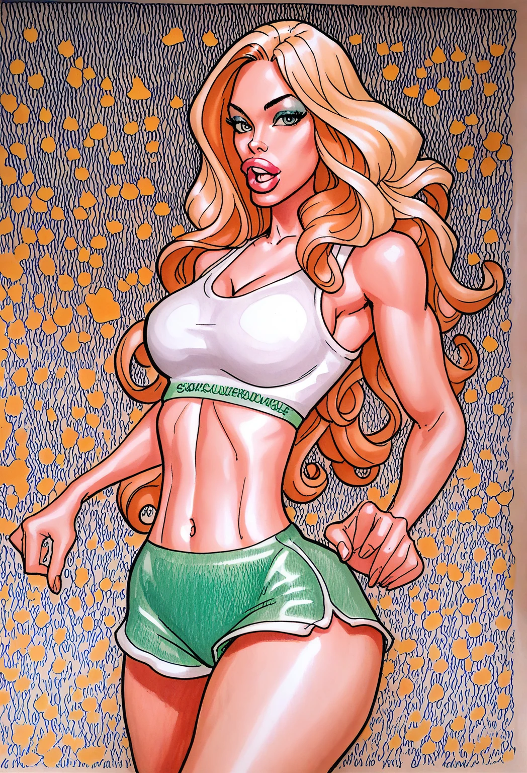 Prompt
detailed illustration, (front view), (side view),dynamic angle, ultra-detailed, illustration, clean line art, shading, anime, detailed eyes, detailed face, beautiful face, dramatic lighting, detailed illustration, dynamic angle, ultra-detailed, illustration, single woman
Fit, toned abs, ((volleyball shorts)), ((fundoshi breast wrap)), volleyball player, big round ass, big tits, caramel tan skin, dark skin tone, wide hips, narrow waist, thunder thighs, (blazing blonde hair), (glowing eyes), glowing sclera, muay thai wraps, small strong biceps, sweat, ((bandaged breasts)), flaming hair, hair is fire, flames rolling down skin, clothes catching on fire, embers, sweats fire, sweat is fire, tan lines, Hispanic, Latina