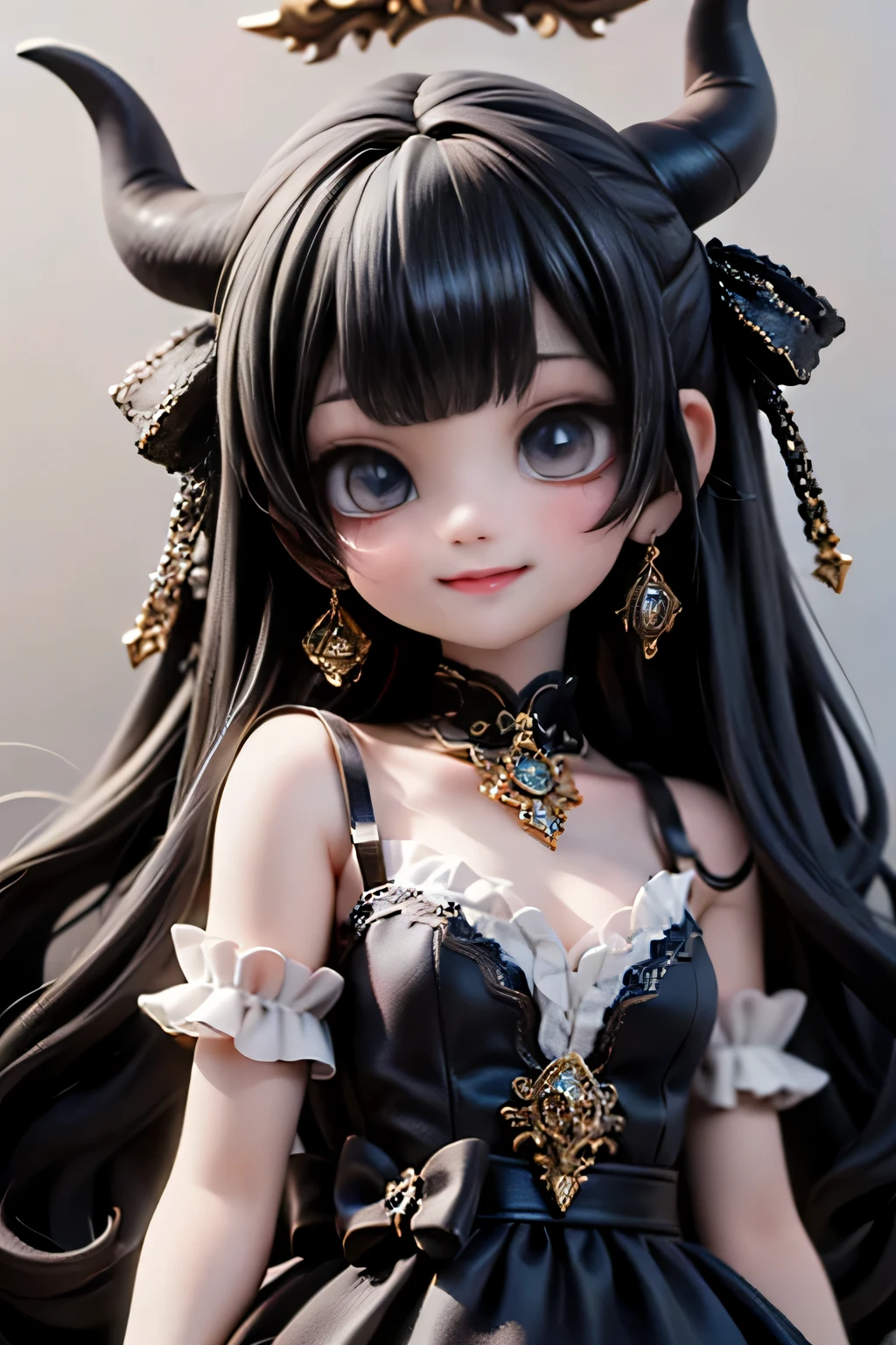 A nighttime scene in a grand castle, with a cute horned vampire girl smiling. She stands in a soft glow, her long, flowing black hair adorned with eye-catching ornate accessories and hairbows. She wears ankle strap pumps and a trendy fashion dress, complemented by elegant earrings and jewelry. The composition focuses on her face and upper body, set against the dark, mystical backdrop of the castle.