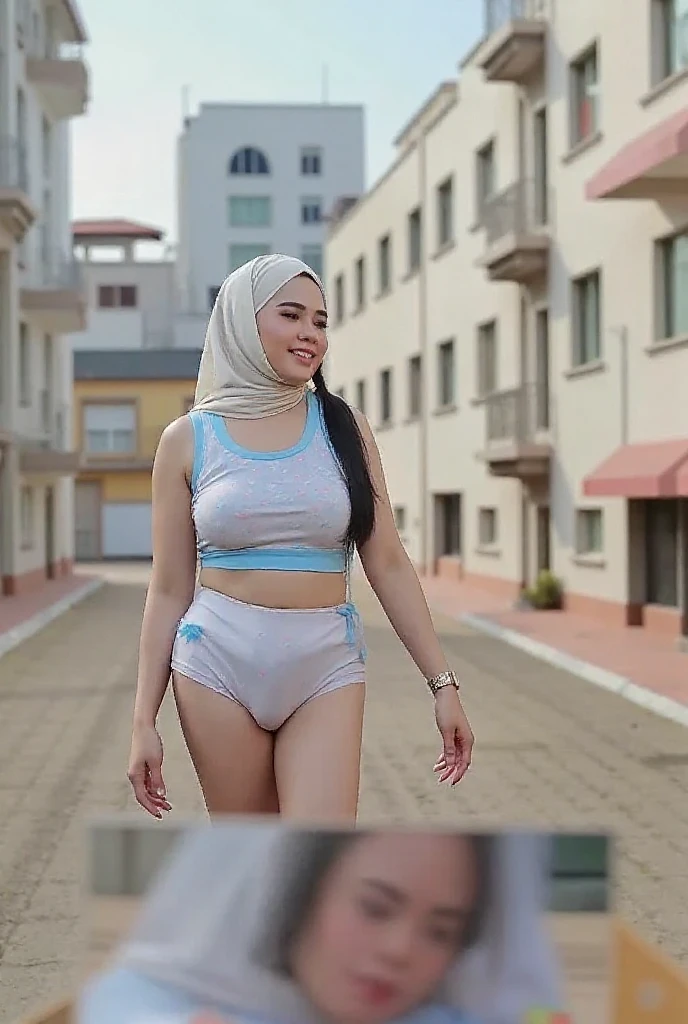RAW, Best quality, high resolution, Masterpiece: 1.3), Beautiful Malay woman in adidas sportswear, 25 years old female, flawless face, cute face, pretty malay face, beautiful white teeth, Masterpiece, Perfect plump body, full body, oily body, ((beautiful big breasts)), saggy breasts, short hair, ((wearing black bawal style hijab, short hijab)), covered in cum, soaked in semen,  beautiful big eyes, watery eyes, Soft smile,smiling, breezy, skin details, skin texture details, wide hips, thick thighs, sexy plump body, morning time, laughing, happy, bright sunshine, at jogging tracks, ((wearing tight jersey shirt, short sleeves)), ((wearing black handsocks)), ((wearing tight shorts)), blurred background, bokeh, ((standing)), ((holding own breasts )), front view, ((wearing tight sports outfit))