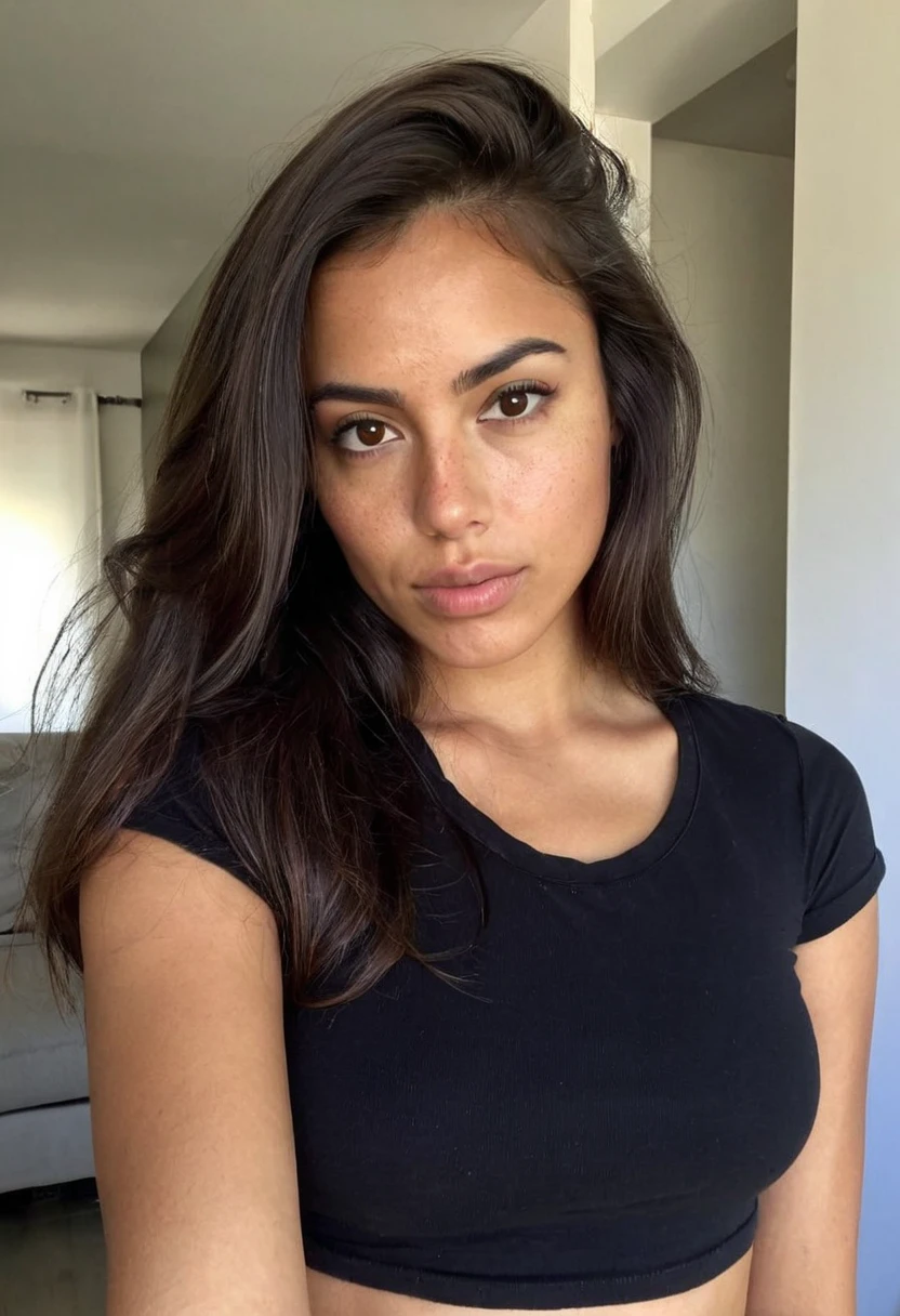 hispanic, black messy Hair, dark brown eyes, top, Chambre, Selfie, looking at camera, black shirt, bathroom, simple, plain background