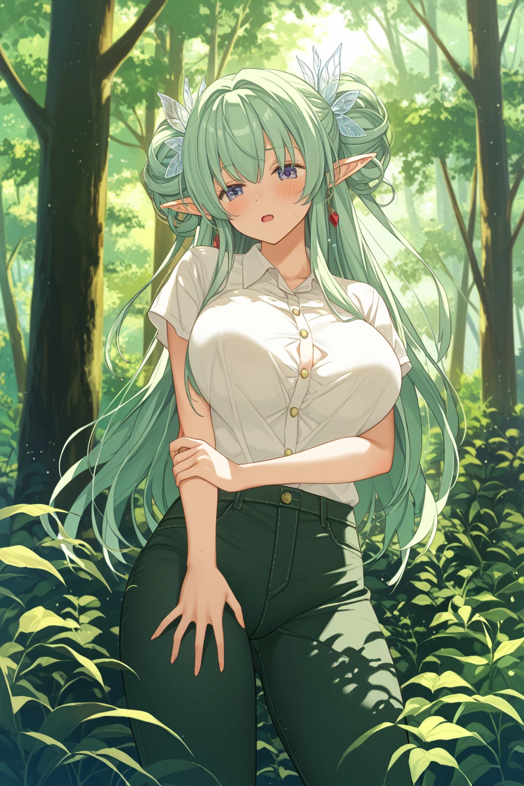 masterpiece, best quality, high quality, beautiful anime character, solo, anime girl with green hair, long hair, elf ears, purple eyes, big breasts, mature female, big girl, thick, light smile, outdoors, almost full body, (grey turtleneck sweater), dark pleated skirt, white thighhighs, (flower on head), sitting,
