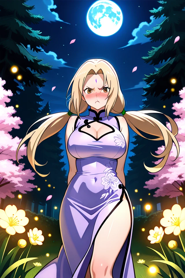 Cristalina, 20 years old, long blonde hair, light lilac eyes, huge breasts, lilac gala dress with crystals, taking the prince to the palace garden to seduce him with a flirtatious look at night.hentai