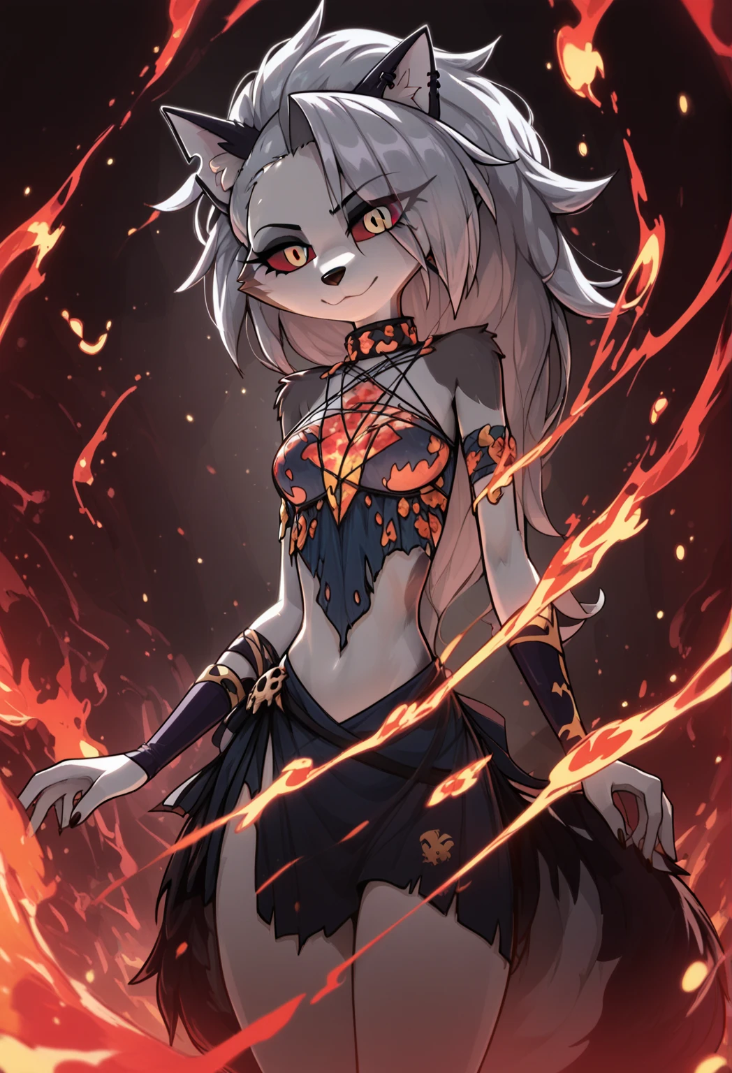 ((appearance))
(Long hairs with red and gold gradient。)
(The eyes are a mixture of orange and red like flames。)
(There are three tails、Flames are lit from the tip of each tail。)
(ears are long、Pointed and、The tips of the ears also glow like flames。)
Demon Fox