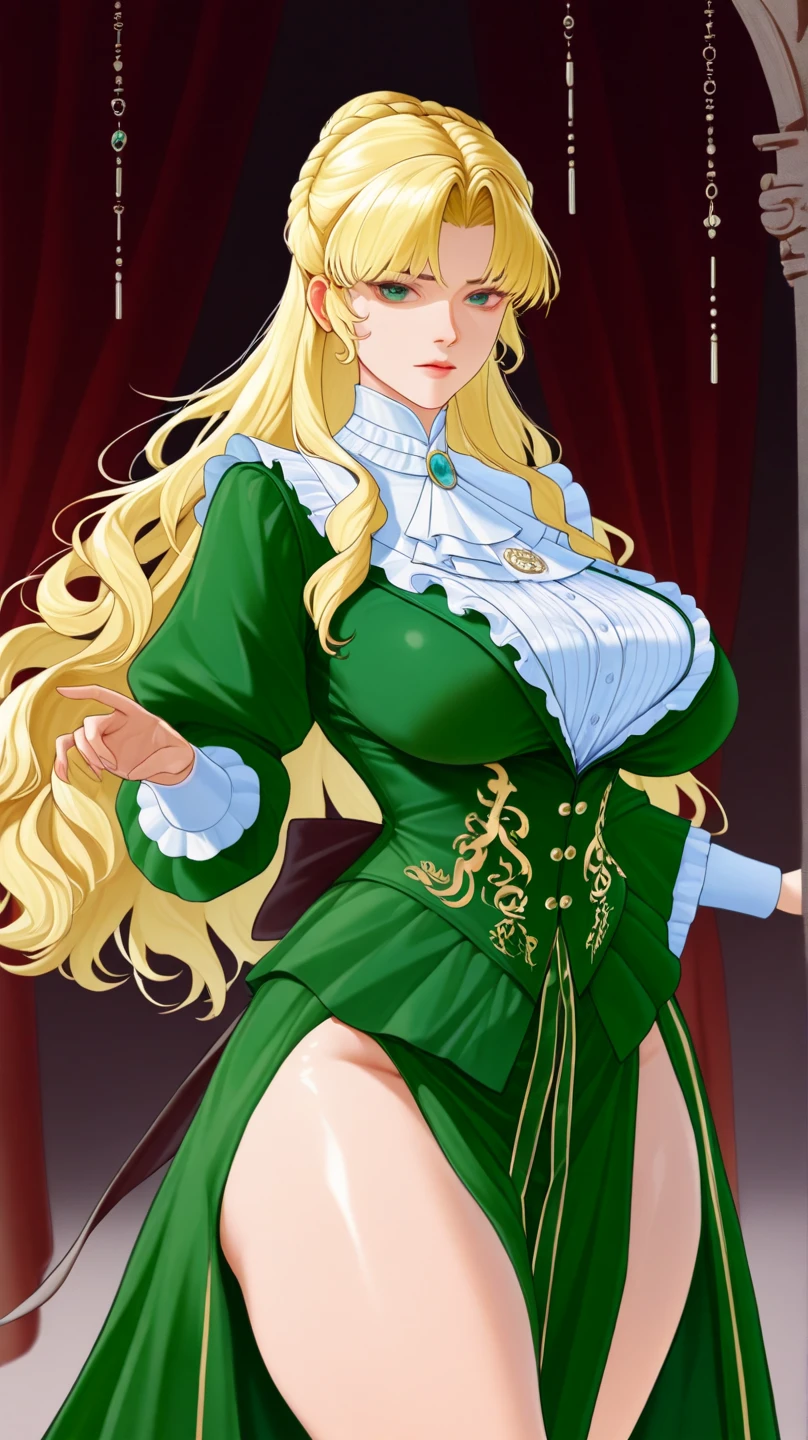 woman((30 years old)), hair((wavy, golden brown)), eye((smart eye, green)), Clothes((new york fashion week, light green)), nipples are exposed, smile, Proudly, random hairstyles, accessories,Costume with large open chest,super mini skirt,lace costume, full body view, exposed thighs,