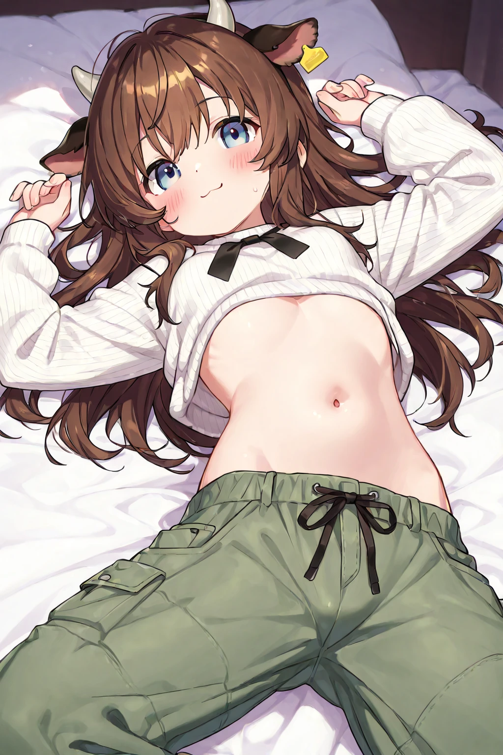 ((masterpiece, Highest quality, High resolution, 超High resolution, Pixel perfect, Written boundary depth, 4K, RTTX 10.0, High resolution))), 1 girl, single, alone, Beautiful Anime Girls, Beautiful art style, Anime characters, ((Shortcuts, bangs, Dark brown hair)), ((Green Eyes:1.4, Round eyes, Beautiful eyelashes, current eyes)), ((Smooth texture:0.75, Anime CG style)), ((Dynamic Angle, close)), Perfect body, (pretty girl), Normal chest, whole body, (White jacket), (Light Pink)Tank top, (Pink Thong), (High leg), (High Cut), Erect nipples, Slim and narrow waist, belly button, Small hips, Only the waist, (partially exposed), (Twin tails), White ribbon, Dark Eyes, (Crotch wedge), Bedroom, bed,