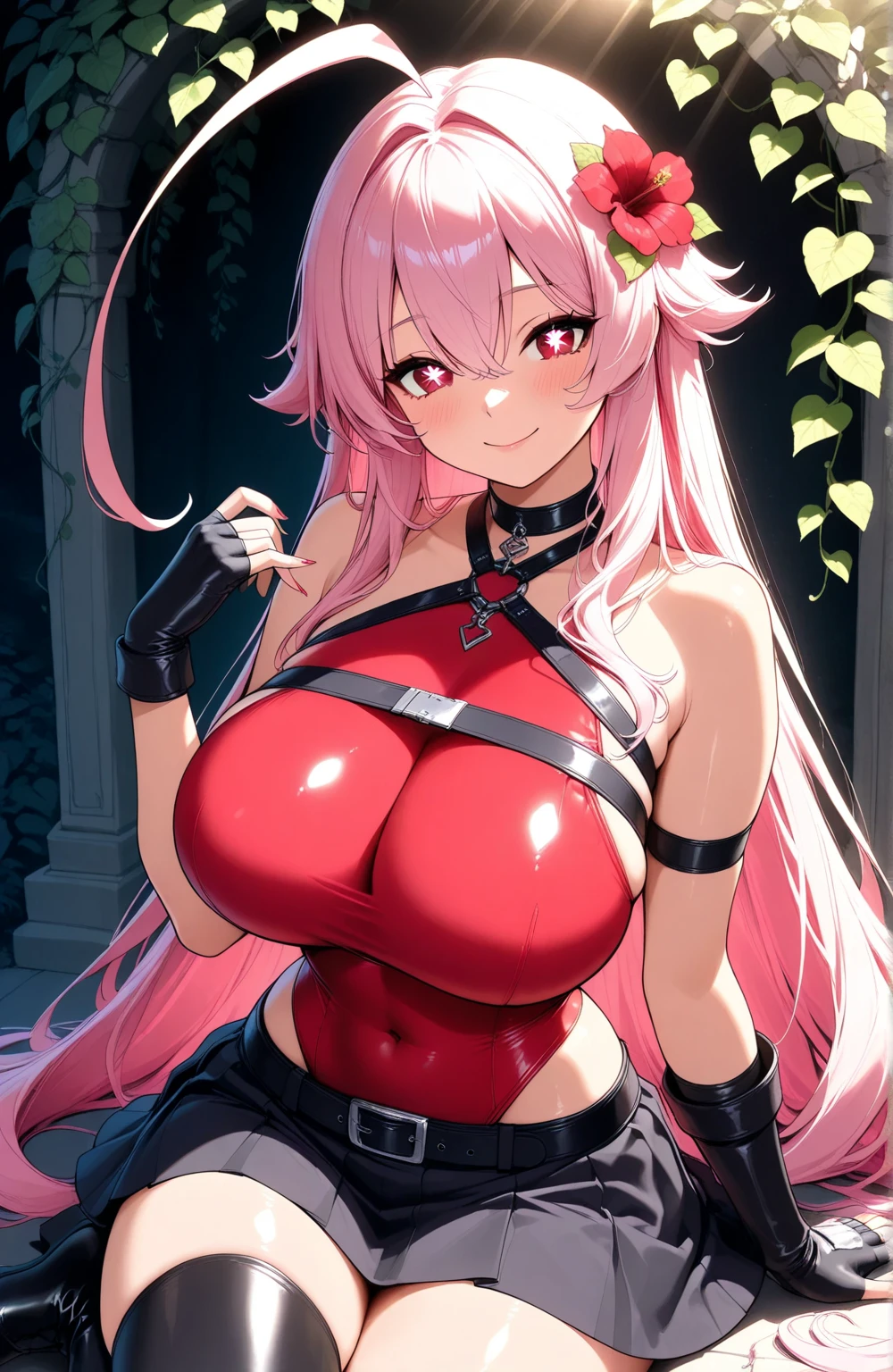 1 person、Pink Hair、Long Hair、Fantasy、Red and black clothes、Belly button、slit、pants、Noble、Knight Commander、breastplate、Aggressive Design、Bigger breasts、bluff、blush、Embarrassed、seduce while being shy、indoor