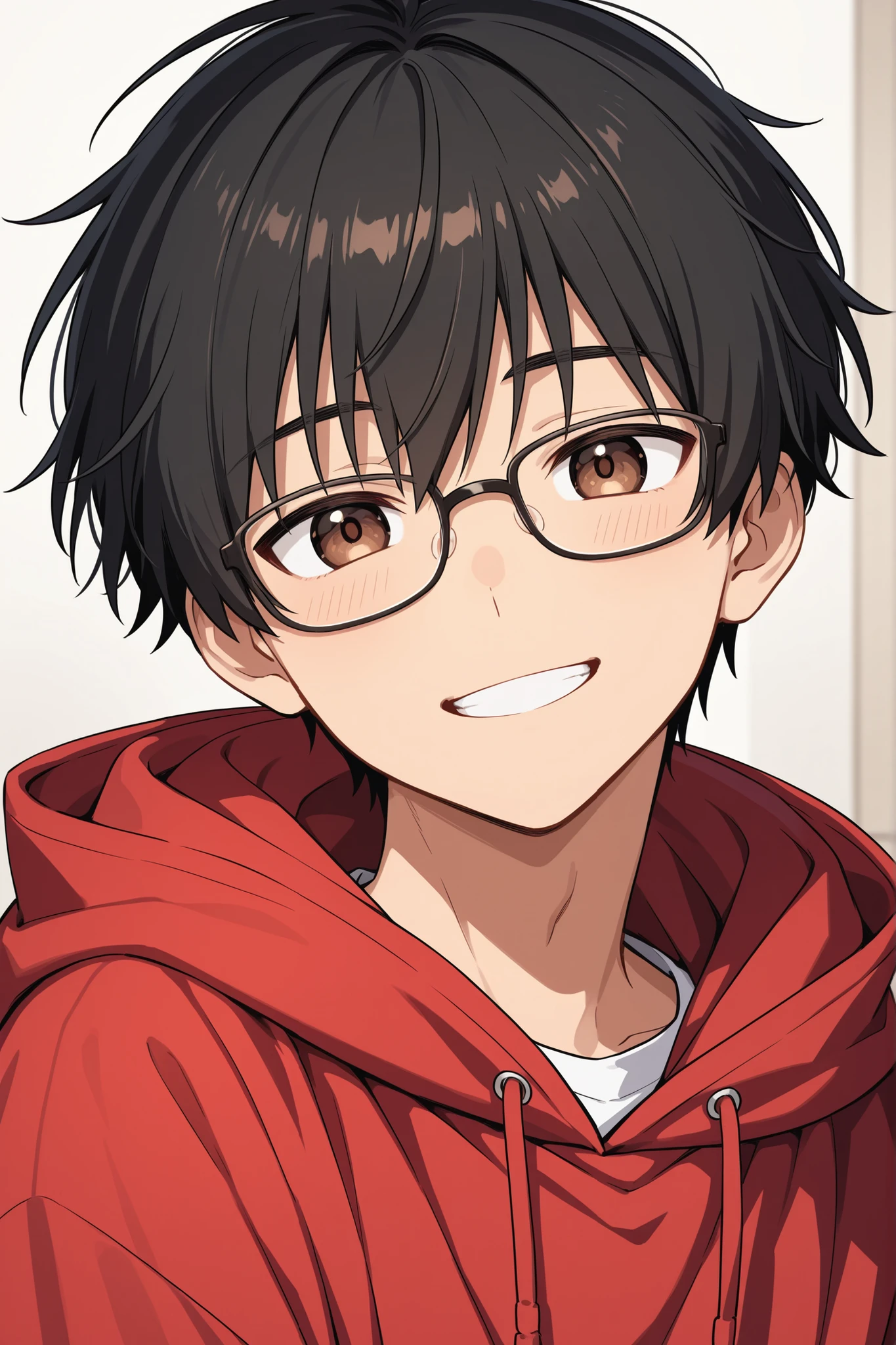 Only one anime boy with short messy black hair and brown eyes. Wearing a red hoodie and glasses. Smiling at the camera.