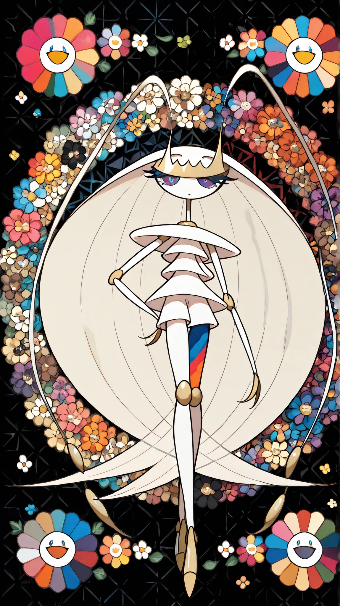 (in style of Takashi Murakami:1.0), beatiful face, feet,best quality,tonemapping, sharp focus, hyper detailed,(pheromosa),best quality,beautiful,pokemon,(2 fingers),(Clear eyes),solo,detaileds,8K,(slender:1.3),wallpaper,jumping kick,(Colorful flowers on black background:1.4), (pheromosa:1.0), intricate digital painting, highly intricate and colorful, dark but detailed digital art, Highly detailed symmetry, detailed digital artwork, Symmetrical intricate details, plethora of colors,colorful intricate masterpiece,(kaleidoscopic:1.1),(Geometric pattern background)、Sticker style,flower painted body, (cel anime:1.3)