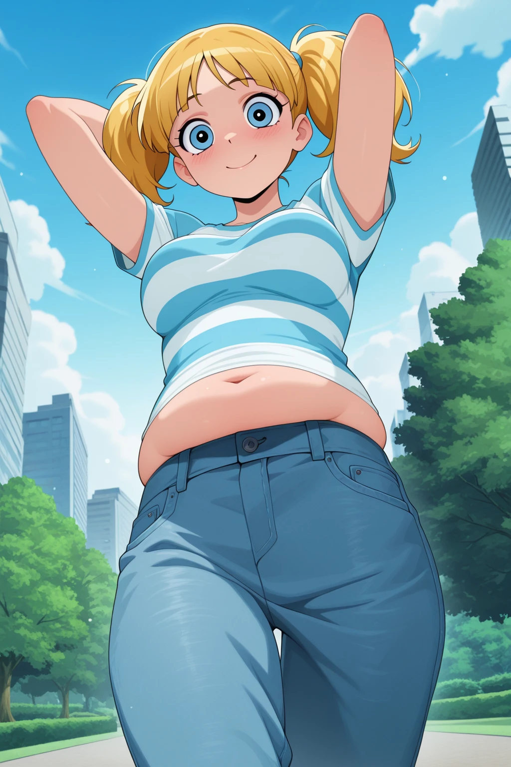 score_9, score_8_up, score_7_up, source_anime,
OiKatzo, yellow eyes, 1girl, blonde hair, hair between eyes, hair ornament, bangs, solo, short twintails, twintails, hairclip,
black shirt, short sleeves, blue shorts, oversized clothes, forest, night, walking, being hypnotized, barefoot, eating, open mouth, fat, chubby, obese