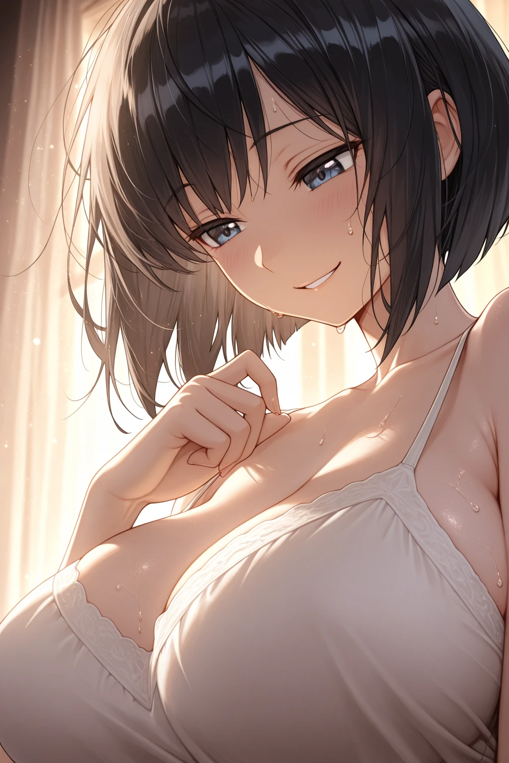 Actual images Wearing a white camisole Short black hair Cute Face living Gravure images