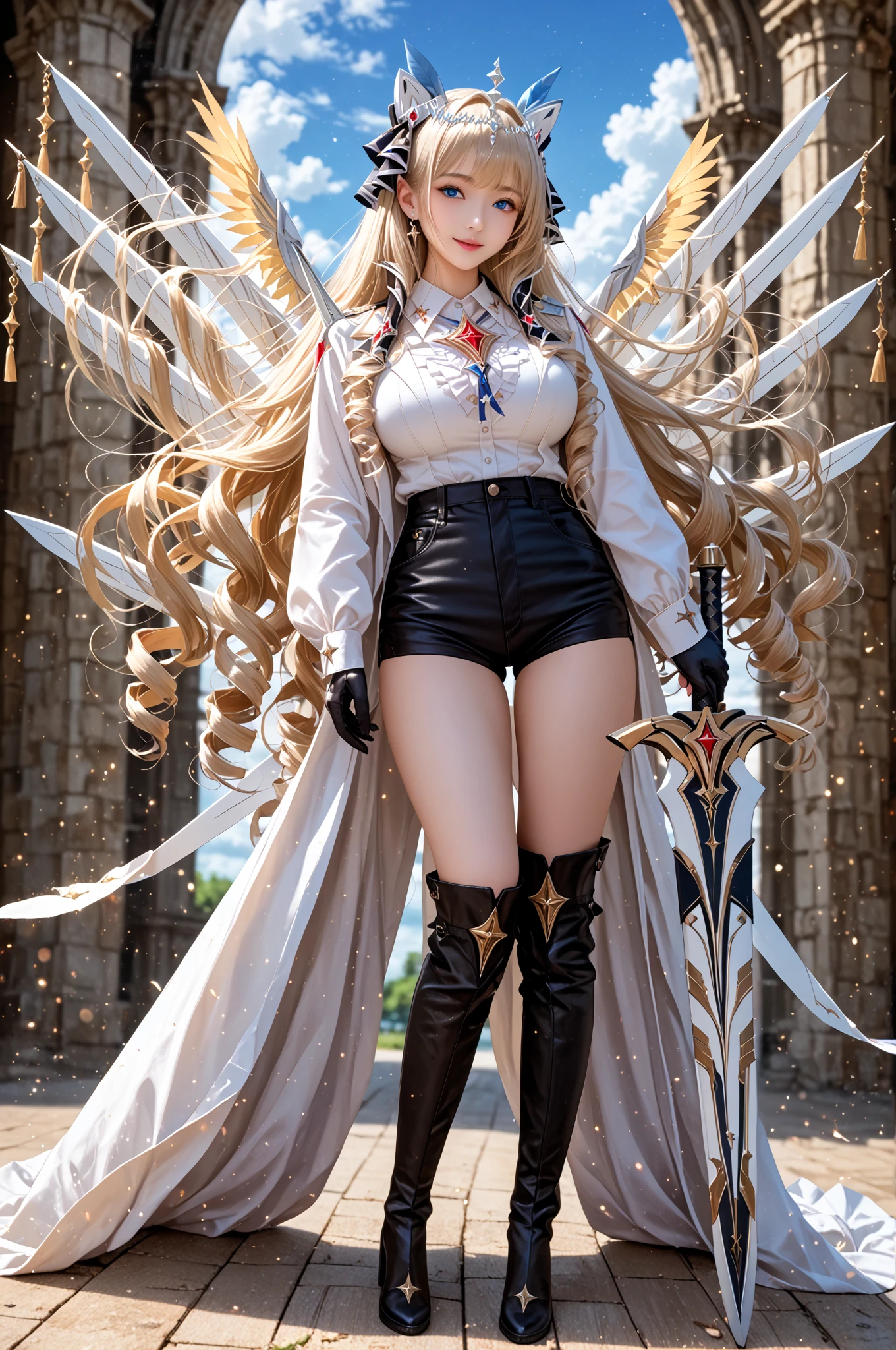 standing straight symmetrical, full body, solo girl looking to the camera, beautiful woman, viking warrior, fur cloak, armor, blonde hair, wavy hair, (closeup, portrait shot), (solo), realistic, cow bell choker, metal sandals, black thigh highs