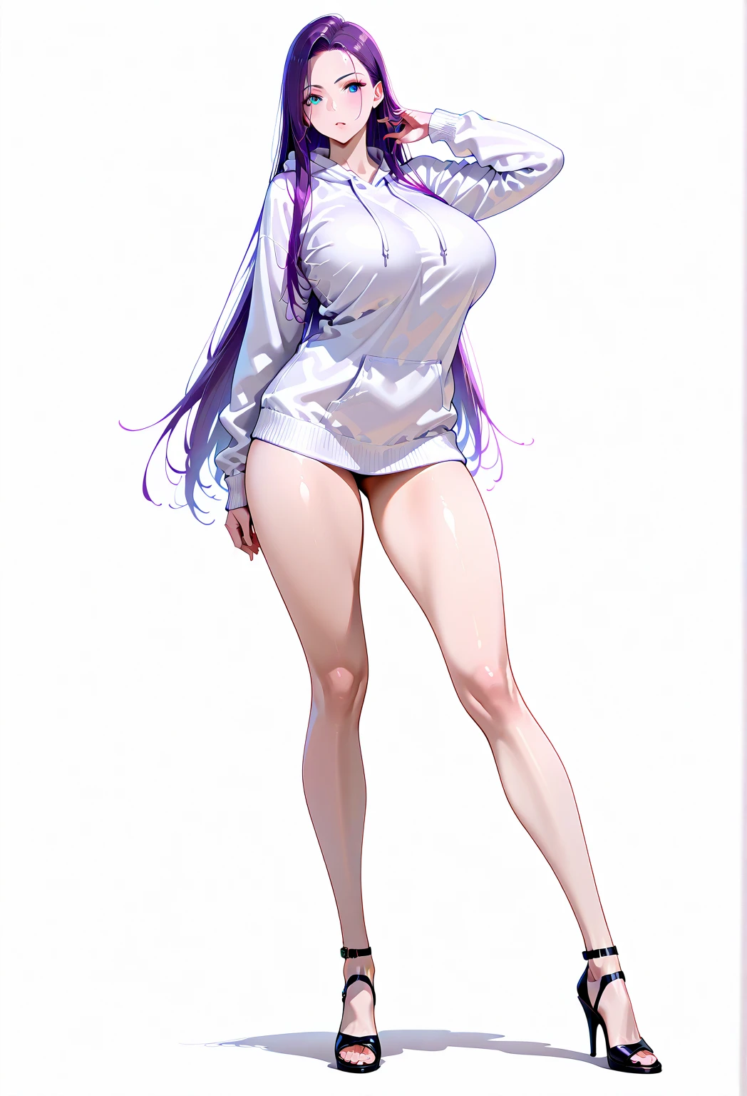 Masters of Animation, A perfect masterpiece, On a snow-white background、Cool outfits, Sexy and modern clothing、Sexy mature modern woman standing, Flowing purple hair, Spanish Curly Hair, Full Body Stand Posture, Thin legs, ((Large Breasts)), Detailed facial details, Natural and beautiful standing posture, Crisp and realistic body detail,(Browsing Caution:0.9)