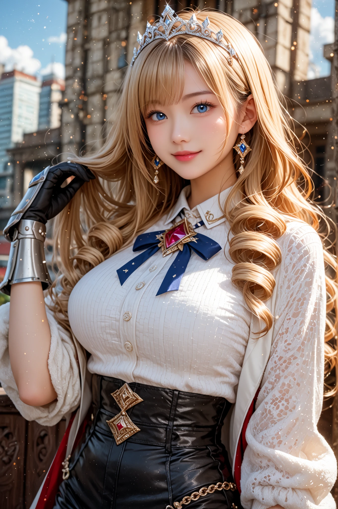 (high definition symmetrical image), angle from below, ((Art Nouveau, round face, smiling, touching breasts, ecstasy)), drooping eyes, blush, blond, braid,