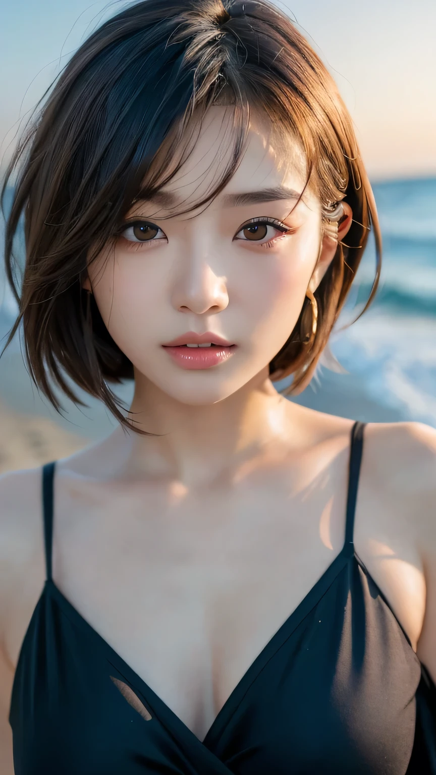 One Girl,(1人のとてもcute女の子:1.3),masterpiece,Highest quality,High resolution,From below,Low - Angle,Photorealistic,RAW Photos,Ray Tracing,Physically Based Rendering,beautiful girl,(15 years old:1.3),cute,Big eyes,(detailed pupils:1.2),(The face is facing straight ahead:1.3),Body facing forward,Beautiful nose,High nose,Upturned nose,Fuller lips,Short black hair,ponytail,short hair,Detailed eyelashes,Thin eyebrows,Very fine grain definition,(Symmetrical eyes,Golden Ratio:1.3),(Face close-up,Face Focus:1.0),Small breasts,Short neck,White swimsuit,White Bikini,The background is the sea,Southern Island,sunset,Sunset,Portrait,View Viewer,Upper Body,Cinema Lighting,High resolution,Very detailed