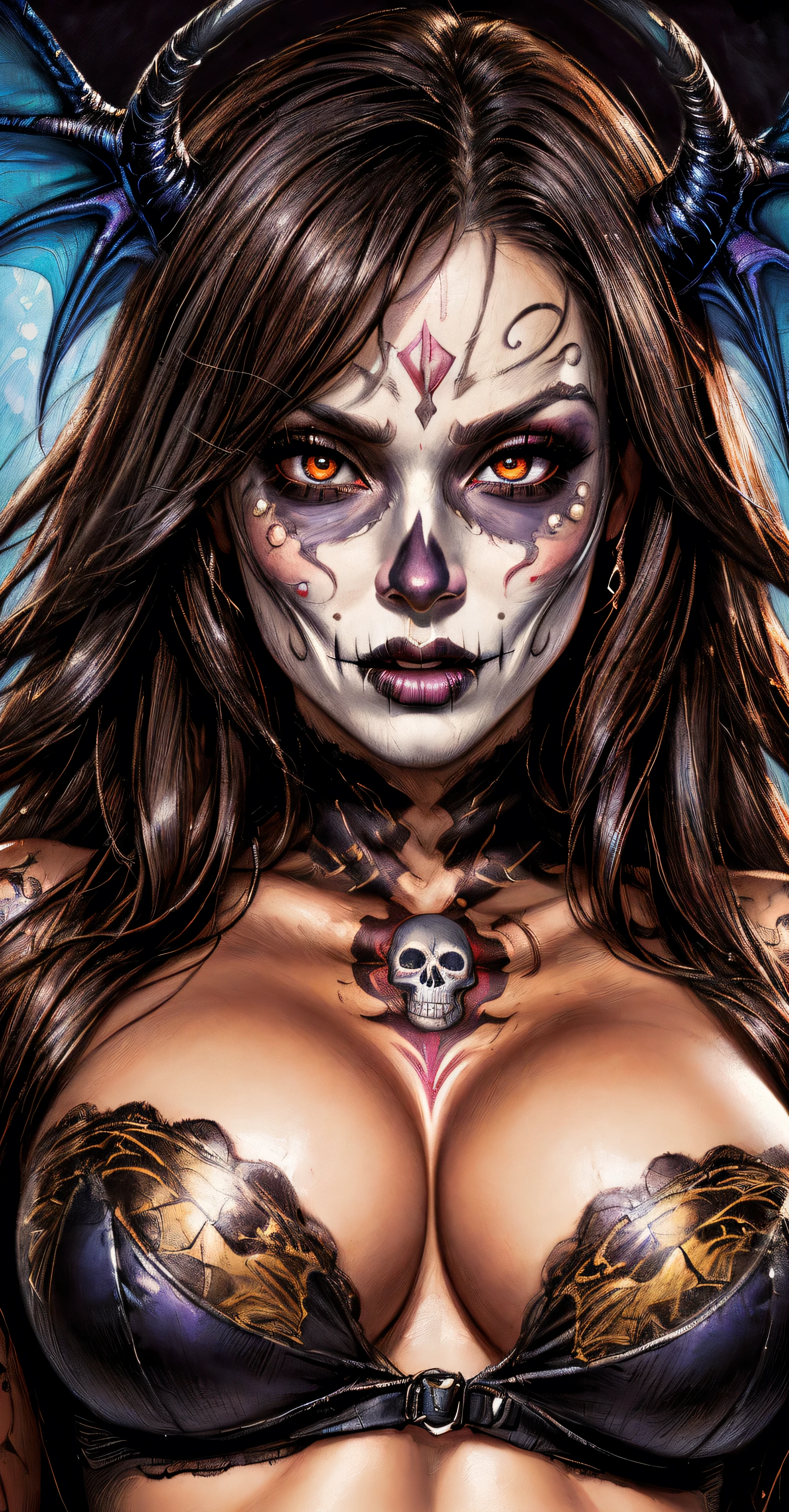 1girl, full body portrait, succubus, day of the dead facepaint and bodypaint, lowleg see-through panties, scary detailed art in color, slutty sexual demeanour, aroused expression, exited, skin scales, busty, curvy hips, stretch marks, sexy, alluring, erotic posing with open legs, highly detailed fantasy art, beautiful fantasy art portrait, intricate detailed digital art, highly detailed digital painting, digital art fantasy art, mark brooks detailed, detailed fantasy digital art, amazing detail digital art, close-up portrait demoness skull, by Todd Lockwood, liquid metal girl