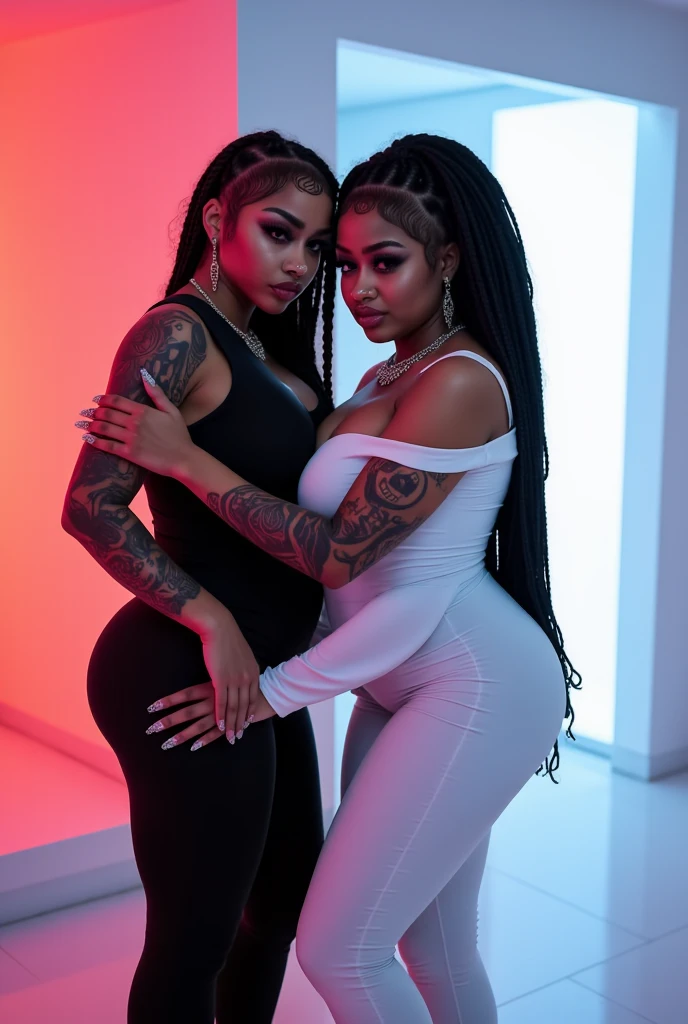  baddie brown blasian female, 80-inch honey long hair, visible pink braces, nose piercing, facial tattoos, mink curvy lashes, big ass , makeup, black ripped dresses 