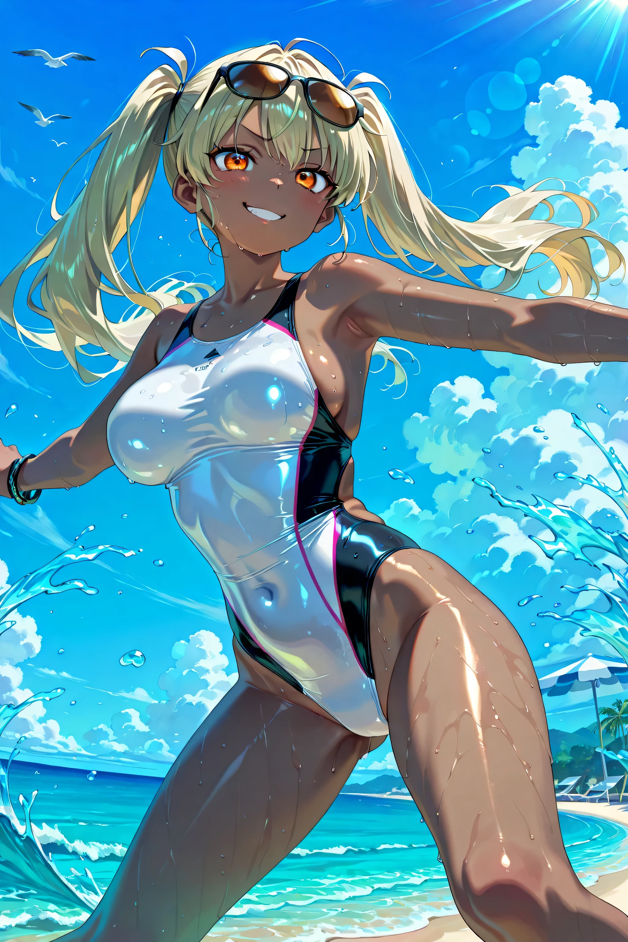 (nsfw), (Solo), perfect body, Ultra High Quality, Ultra HD, Japanese women, (Standing in the bedroom at night:1.4), (armpits:1.5), (Focus on the face:1.7), large breasts, (Cleavage:1.5), (Erotic tiny bra:1.5), (Erotic G-string:1.5), (Medium Hair), (Blonde Hair:1.3), (garter belt:1.5), (Knee-high socks:1.5), (Baby Face:1.1), (smiling), (Dark eyeshadow, Thick eyeliner, Gal-style earrings, Gal style bracelet, (Gal Makeup), (Cleavageに埋もれたギャル系ネックレス:1.3), (((tanned skin))),