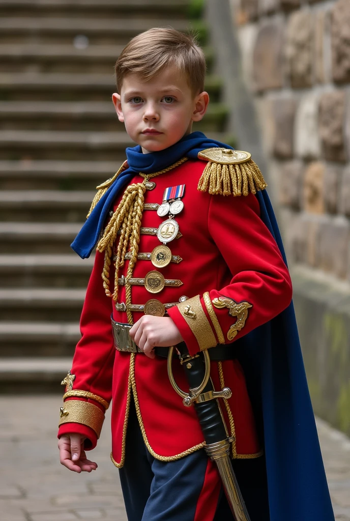 (master piece), (best quality), realistic vision, Cinematic, photorealism, Rendering, realistic, ultra detailed, perfect face, portrait, chest up, young british guard, boy in 19th century, child guard in england, uniform of British guard, from the front, holding a shotgun in hand, looking straight ahead