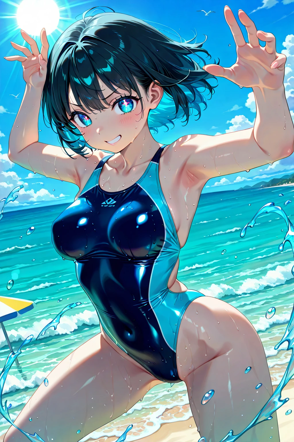 (Master masterpiece、The ultra -The high-definition、extremely fine and beautiful、Ultra-high power of 8 kilometers:2)、(Girl getting wet:1.4)、(looking at another:2)、(Clarity Metallic Blue Bikini:2)、(Transparent skin:1.6)、(short tail hair:1.8)、(Beautiful eyes:1.8)、、(Nominal body type)、(Glamorous:1.4)、(musculature:1.4)、(Thin thighs:1.6)、(Thin leg:1.6)、(A smile)、perfectly proportions,Correct anatomy、Good anatomy、(Moon and Milky Way:1.6)、(Dynamic Angle:1.6)、(sexypose:1.8)、(the ocean at night:1.6)
