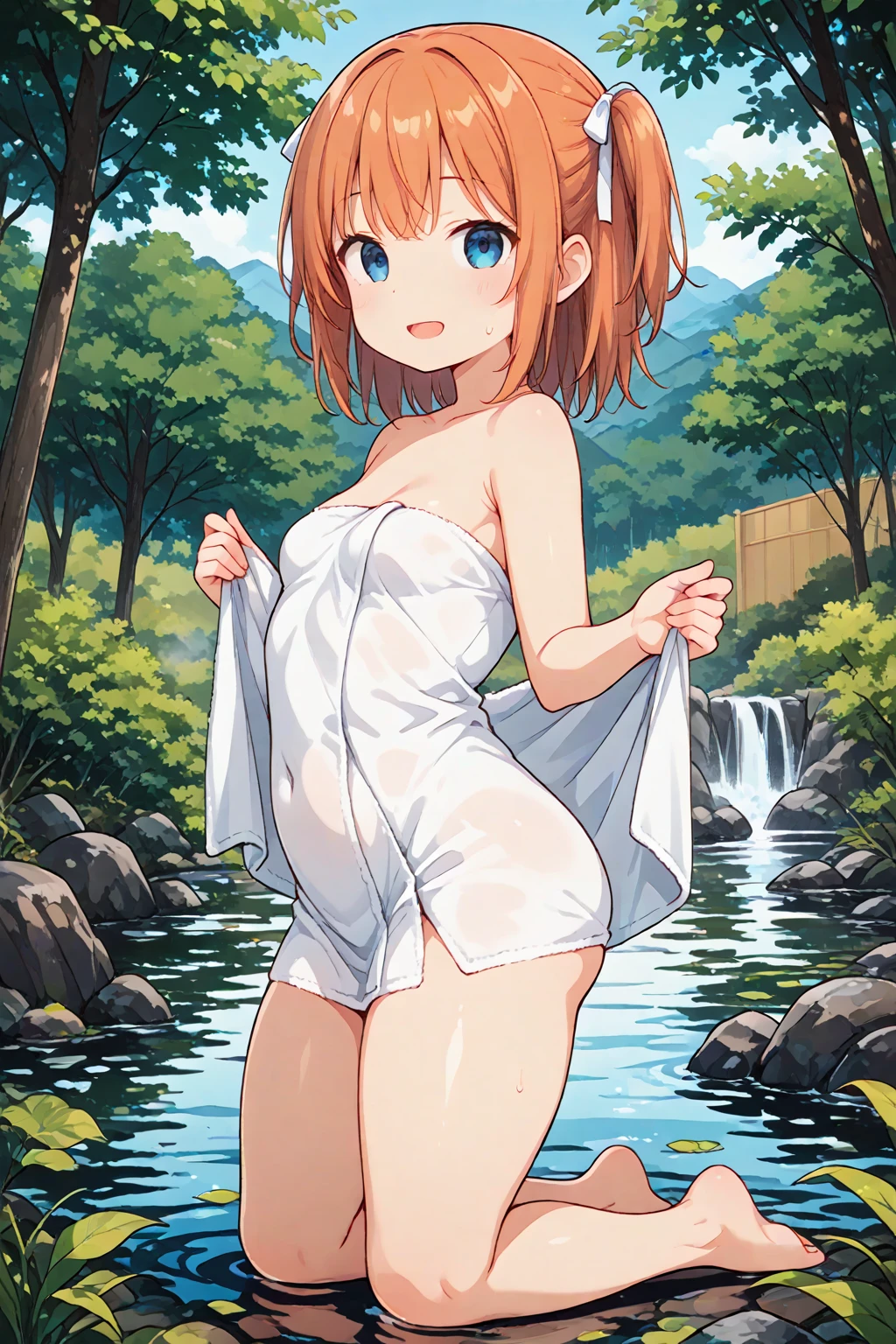 (8k、RAW photo、highest quality、nsfw、masterpiece:1.2)、(real、photorealistic:1.2)、(ultra high resolution)、(Super detailed)、incredible absurdity、master piece、(Pee、standing pee:1.5)、(Completely naked:1.5)、(detailed facial features)、(detailed shiny eyes)、(Amazingly beautiful 11 year old girl:1.4)、 beautiful girl、(Completely naked、not wearing anything、nothing attached)、(camel toe、camel toe、vulva:1.4)、(full nude:1.5)、perfect golden ratio face、perfect lighting、small but perfectly shaped breasts、small breasts、Silky shiny hair、Thighs soaking wet with Pee、(pink nipples)、small firm chest、Breasts that don't sag、Nipples are close to the center line of the body、The cleavage is not open、Pee flowing down my thighedium straight hair、smile、thin pelvis、thin legs、background visible from between the legs、legs open、photon mapping、professional lighting、strobe、Photographed using a reflex board、shining white skin、Hands are on the sides or behind the body、background:noon、green tree々is overgrown、rapids deep in the mountains、very clear river water、There are many huge rocks、