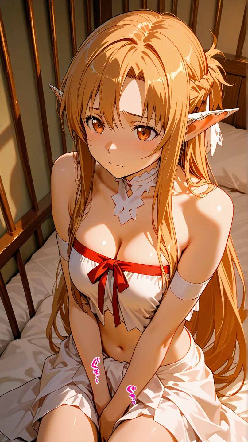 ssmile,Blush, exteriors,Whole body diagram,Lying position,Reasonable posture,There is only one girl,独奏,ssmile,Flushed cheeks,White clothes,and the sun was shining brightly,Sunlight on the face,Sit on the lawn,florals,White and red cuirass,light-brown long hair, asuna yuuki, Long hair, Light brown hair, (Brown eyes:2), Break the navel, Bare shoulders, 4 Angels with wings,Pointy ears, midriff, elf,Glowing wings,butterflys, looking at viewert, llight rays,Dingdall effect,Glowing skin,Snow-white skin,Bare legged,Barefoot,White skin,Break (Masterpiece:1.2), Best quality, high resolution, Unity 8k wallpaper, (illustration:0.8), (Beautiful detailed eyes:1.6), Extremely detailed face, Perfect lighting, Extremely detailed CG, (Perfect hands, Perfect anatomy)