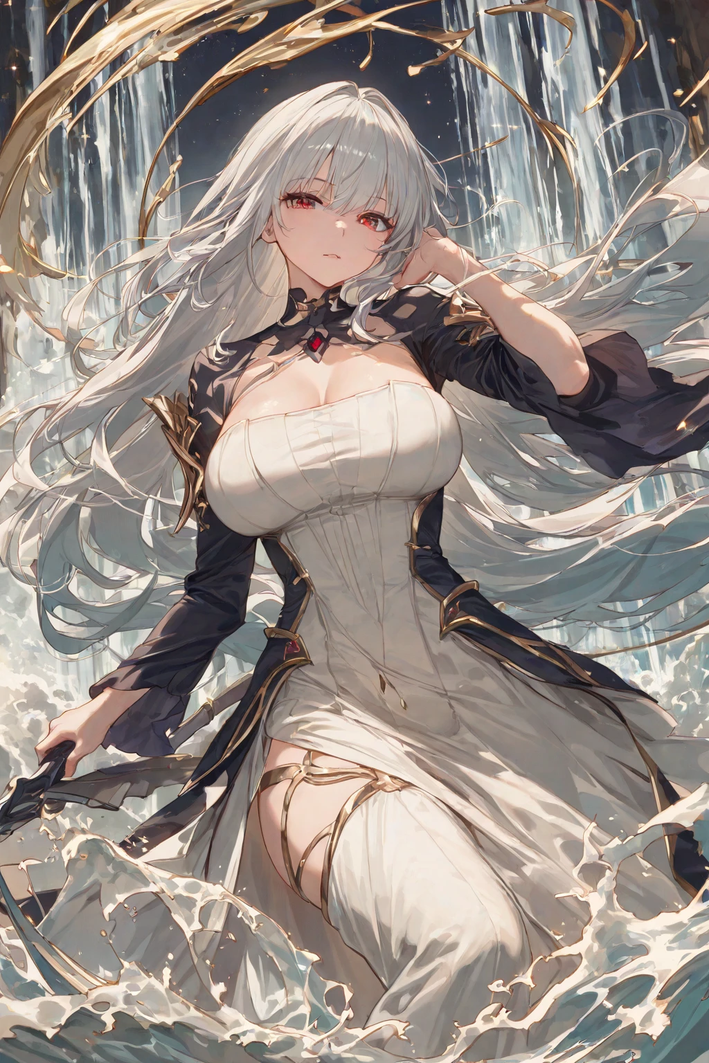 (masterpiece, best quality:1.2),1 Girl, Upper Body,Tail, large Tail, white hair, Very long hair, curls, Gray eyes, deTailed eyes, Colorful hair, ring, Bead necklace, Animal ears, Leopard ears, Black cape, White Dress, - Hip vents, Pelvic Curtain, Grey knee-length socks, snow, snow mountains, snowstorm, Volumetric Lighting, Subsurface scattering, movie lighting, Chiaroscuro, Flowing hair, Place your hands on your chest