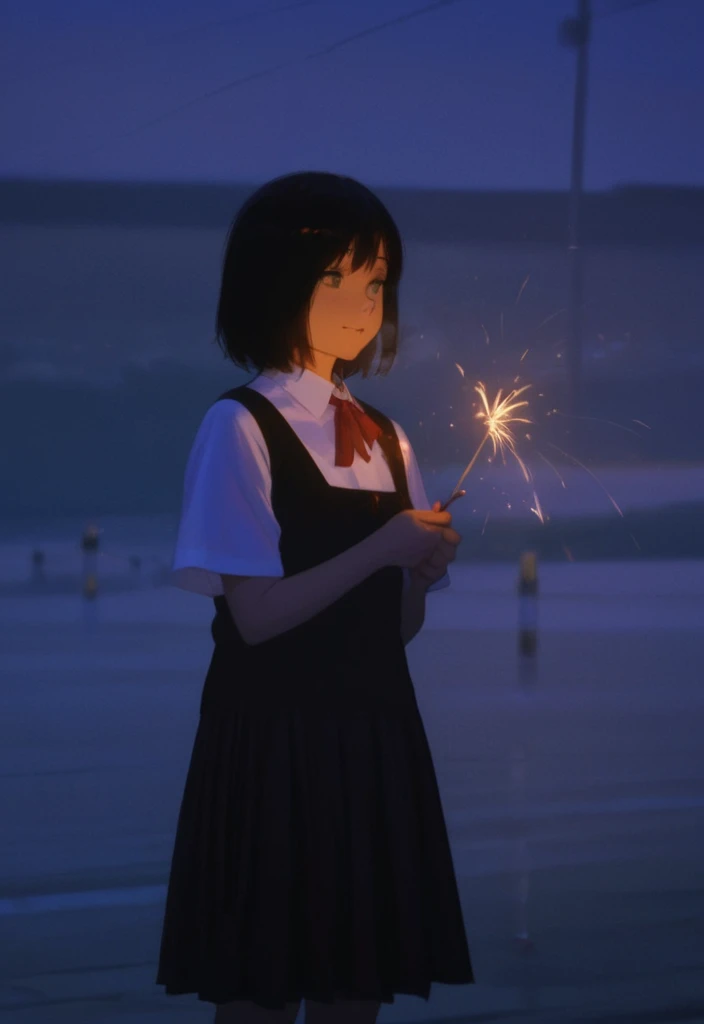 (high quality, High resolution, Very detailed, reality:1.37), Peaceful atmosphere, (Night Sky, firework), Teenage girl standing alone, (my  are big.), Beautiful details, Cute Smile, (Black bob hair), White camisole dress, White socks, loafers.