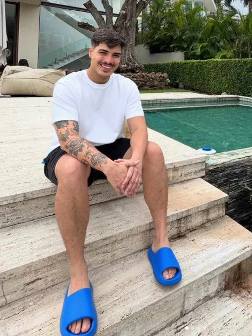 there a man sitting on a lounger with a child, lucas graziano, zyzz, bodybuilder ernest khalimov, very beautiful. big muscles, getting his tacos and drink), in a sun lounger, strong legs, muscular legs, huge muscles bodybuilder toddler, by Romain brook, exaggeratedly large physique, large muscles, absurdly massive physique
