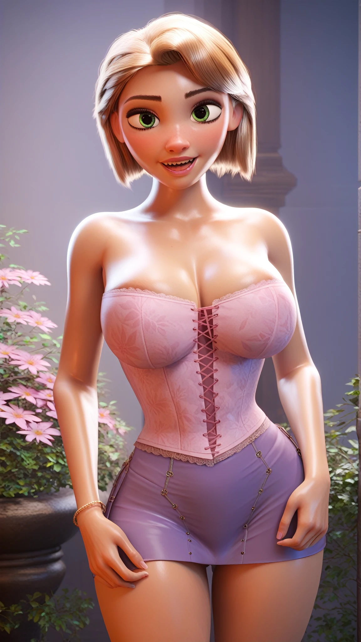 one white girl, bust, solo, upper body, blonde hair, green eyes, long bob haircut, choker, nsfw, white skin, green corset, open breasts, naked breasts, exposed breasts, nude, bare shoulders, masterpiece, highly detailed, look at viewer, expressing joy, shiny blured purple background, gradient sprayed background, smile, camera from the front