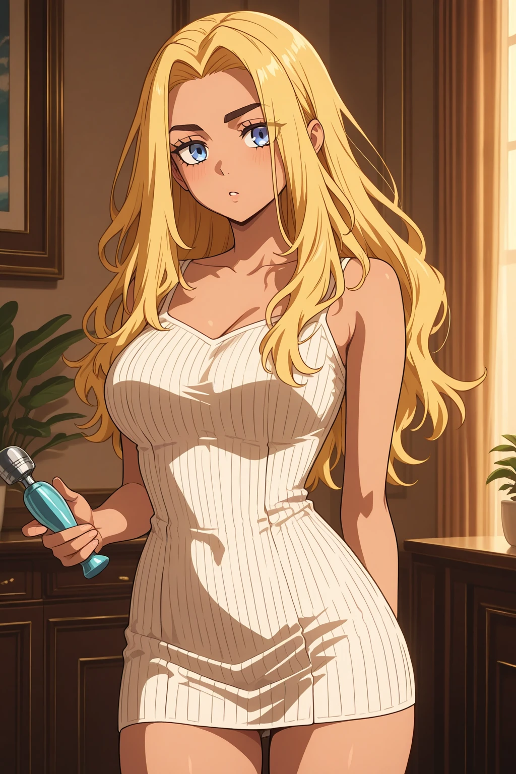 masterpiece, best quality, looking at viewer, upper body, portrait, looking at viewer, seductive smile, put your hands behind your head, armpits, armpits visible, sweaty armpits, Junko Enoshima, very large breasts, blonde hair, blue eyes , wearing white tanktop, twintail
