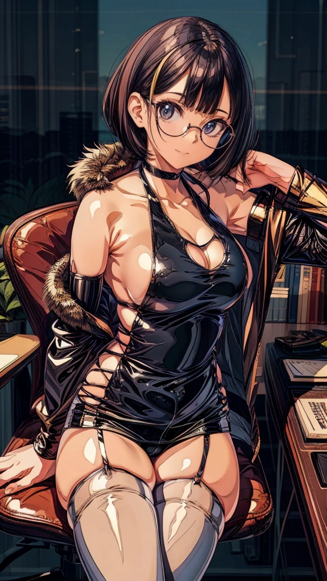 black short hair, RED bayonetta glasses, high quality, showing only the face, siren eyes, wearing sexy office clothes, wearing gold necklace, fierce look