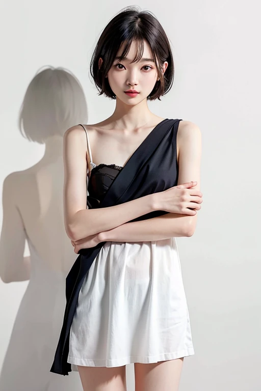 8K, Ultra-high resolution, Highest quality, masterpiece, 三分割法によるphotograph,Surreal, photograph, 1 Girl, (16 years old:1.3), pretty girl, Cute face, Beautiful eyes in every detail, 細かくdetailedに,masterpiece,One Girl:1.2, Japan Female Announcer, whole body,from behind,blush,closed eyes,shy,Black Hair,Bob with bangs,White shiny dress,Deep slit,pulling up the hem,Spanking,Captivating ass,Delicate and smooth skin, Realistic Skin, Perfect and beautiful face ,完璧でCute face, Skin with attention to detail, Perfect limbs、Narrow waist、Thin legs)、Browsing Caution,Beautiful leg line beauty,Looking at the audience、beauty,Long neck、(((Ideal body type))),A cup small breasts :2,、Portraiture:2、Perfect Anatomy、鮮明なdetailed、detailed、Surreal、Light and shadow,Strong light