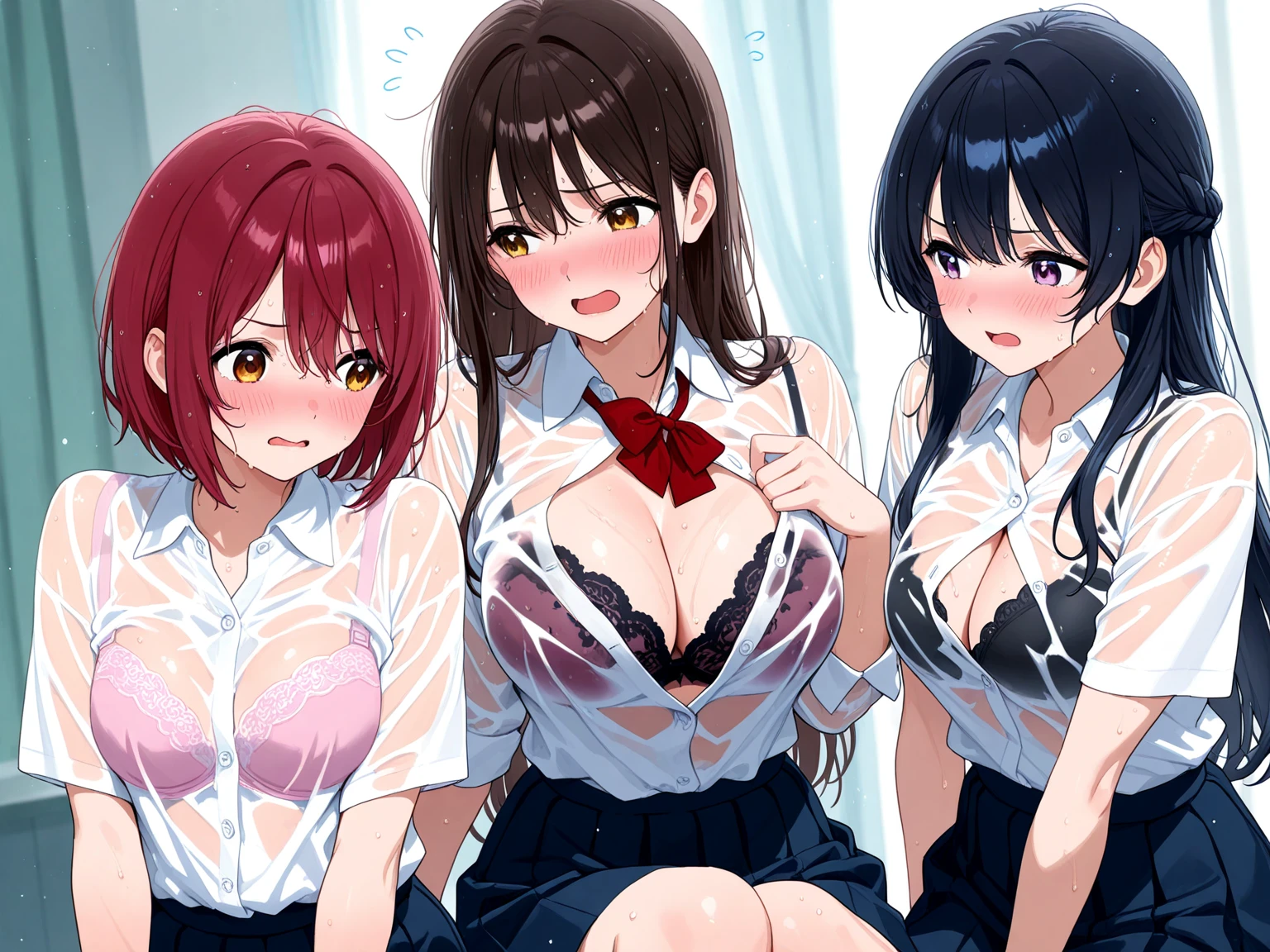 Anime illustration, sfw, anime girl, Behind the frosted glass, masterpiece, best quality, breasts_on_glass,1girl, fit body, plaid fabric shirt, long red skirt, sweat, breasts on window, breasts squashed on glass, drop of water, breasts squeezed by glass, leaning forward, in a palace, (against glass, breast press on glass, breast on glass, both hands on glass), (YES SFW), (YES SFW), (YES SFW),