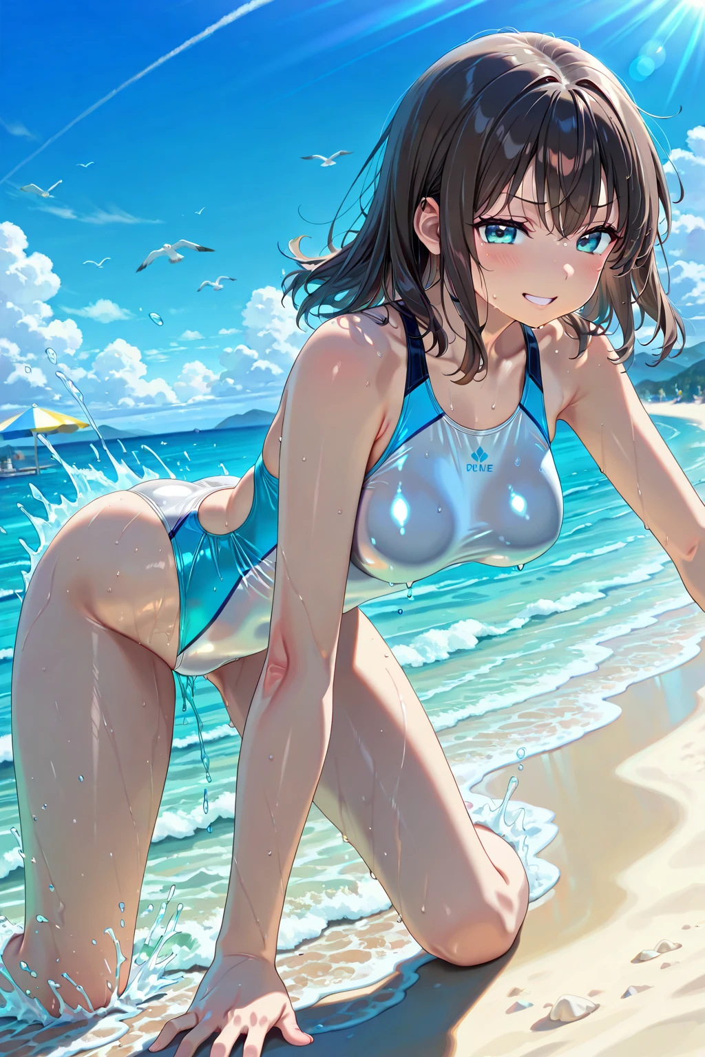 ((Lying on a rubber boat floating on the sea)), ((halterneck swimsuit)), ((The swimsuit glows fluorescent orange.)), skindentation, skinny, solo, 1 woman, Masterpiece, highest quality, highest quality, 16K, incredibly absurd, highly detailed, 2.5D, ai-generated, delicate and dynamic, very delicate facial expressions, delicate eye depiction, erotic, only sexy woman, ((A cute and kind face)), healthy figure, 25-year-old woman, bride, 160cm tall, medium firm swaying bust, (dark hair), black eye, blush, Sweat,Embarrassed,sexy, ((thin thighs)), (Erect nipples:0.6), ((shiny and lustrous)), facing straight at viewer, ((brown black skin)), ((Oily_skin)), sweaty skin, wet skin, (suntan), dutch angle, sexy pose, Dynamic poses, ((Summer Sea)), Strong sunlight, ((Lying)), Navel, ((On the open sea)), Knee Up,
