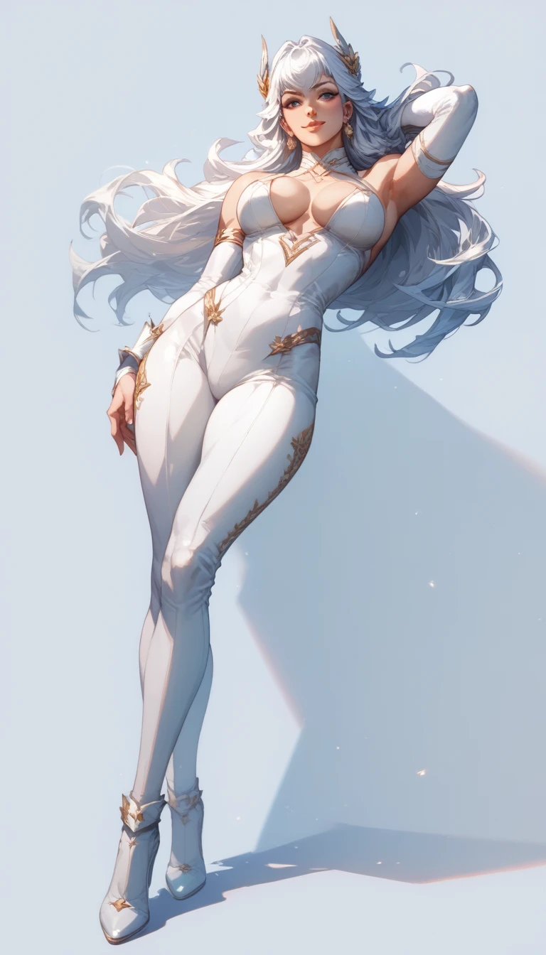 there's a girl on top of town，Wearing a white Spider-Man costume，with long white hair，The entire figure is shown in the painting，Bigboobs